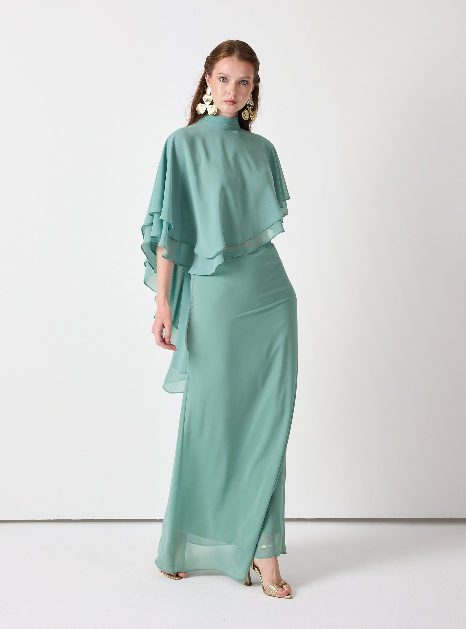 Army Green Chiffon Skirt Set with Layered Cape Top - Store WF