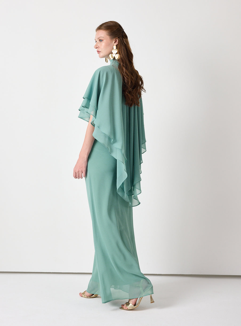 Army Green Chiffon Skirt Set with Layered Cape Top - Store WF