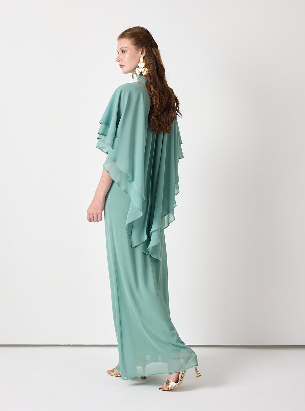 Army Green Chiffon Skirt Set with Layered Cape Top - Store WF