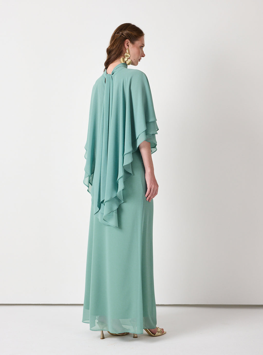 Army Green Chiffon Skirt Set with Layered Cape Top - Store WF