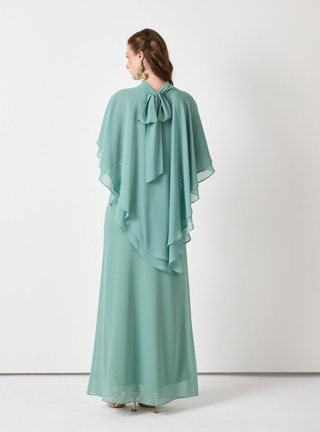 Army Green Chiffon Skirt Set with Layered Cape Top - Store WF