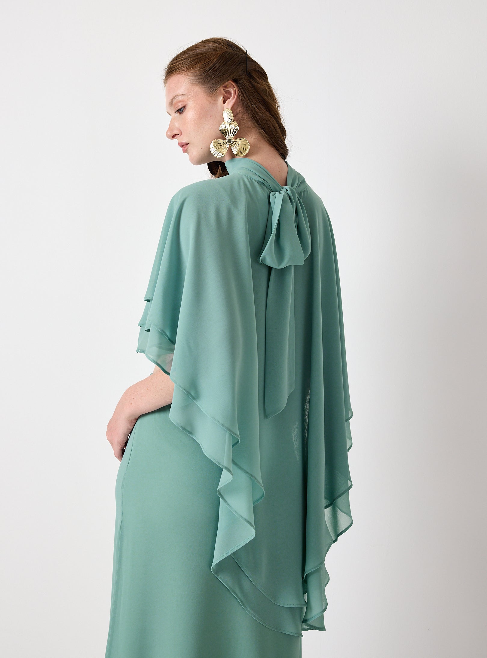 Army Green Chiffon Skirt Set with Layered Cape Top - Store WF