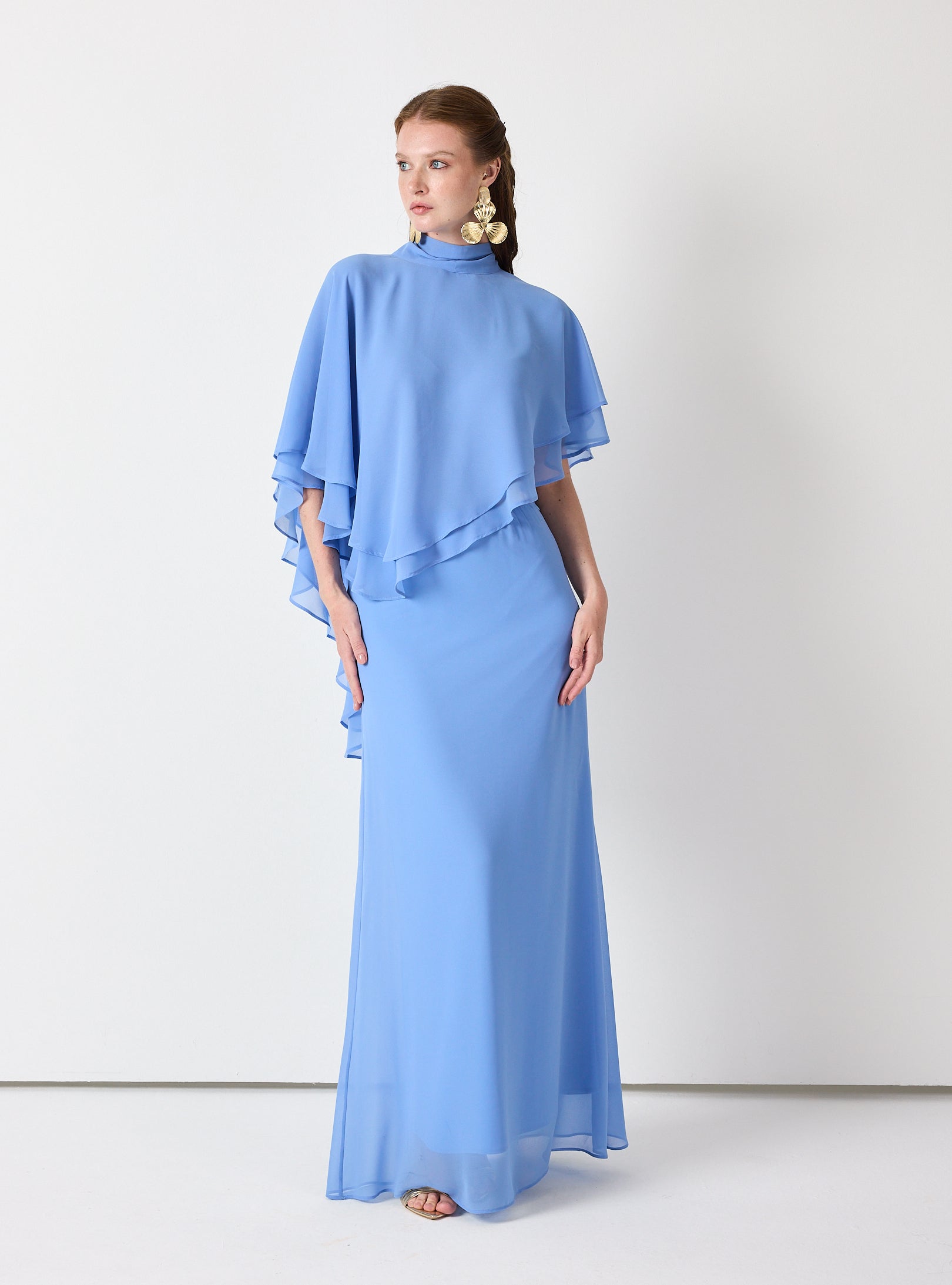 Sky Blue Chiffon Skirt Set with Layered Cape Top - Store WF