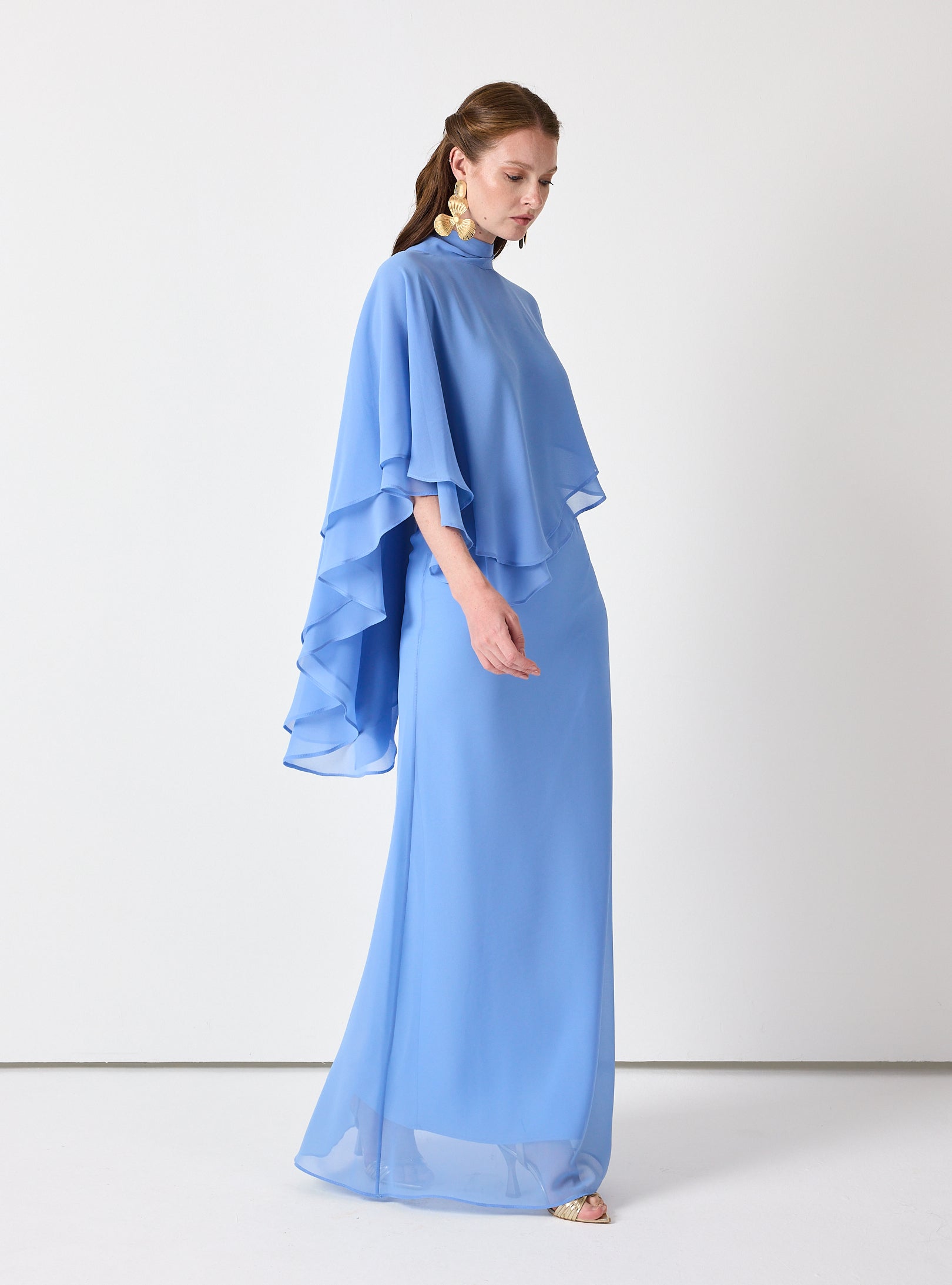 Sky Blue Chiffon Skirt Set with Layered Cape Top - Store WF