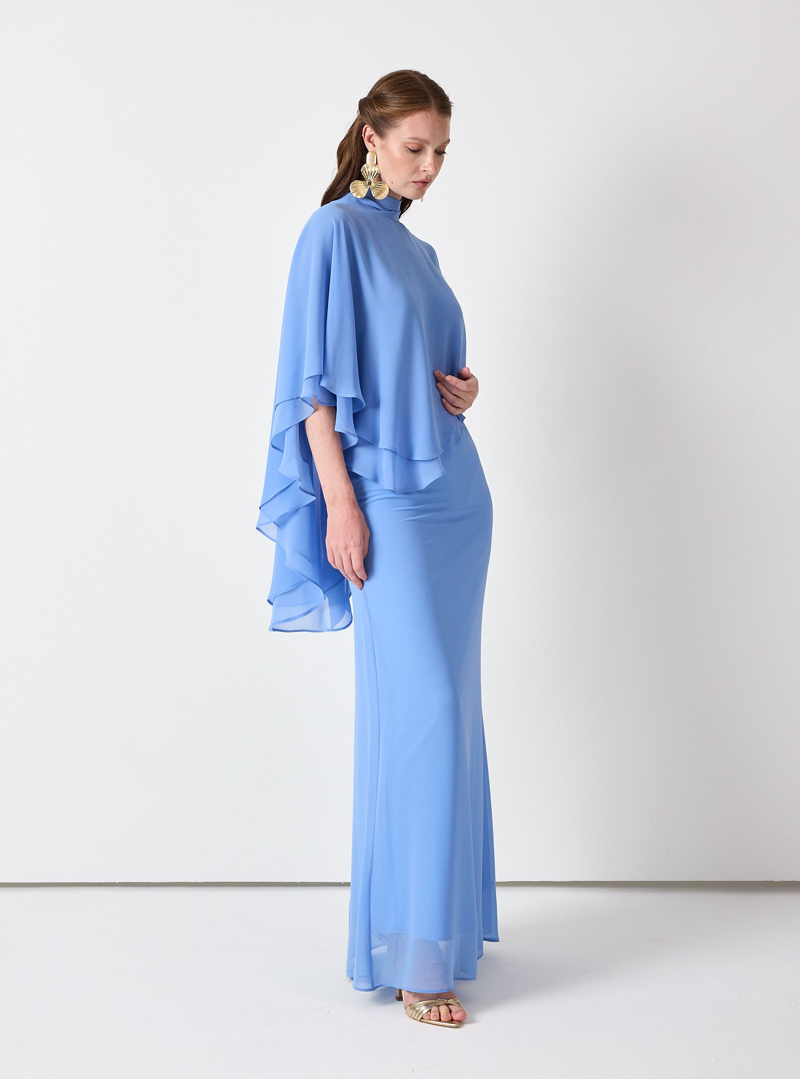 Sky Blue Chiffon Skirt Set with Layered Cape Top - Store WF