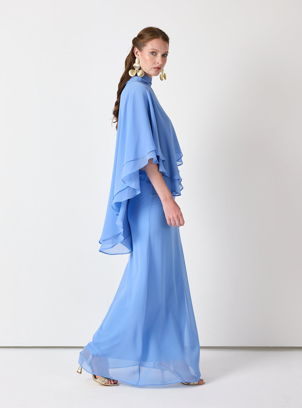 Sky Blue Chiffon Skirt Set with Layered Cape Top - Store WF