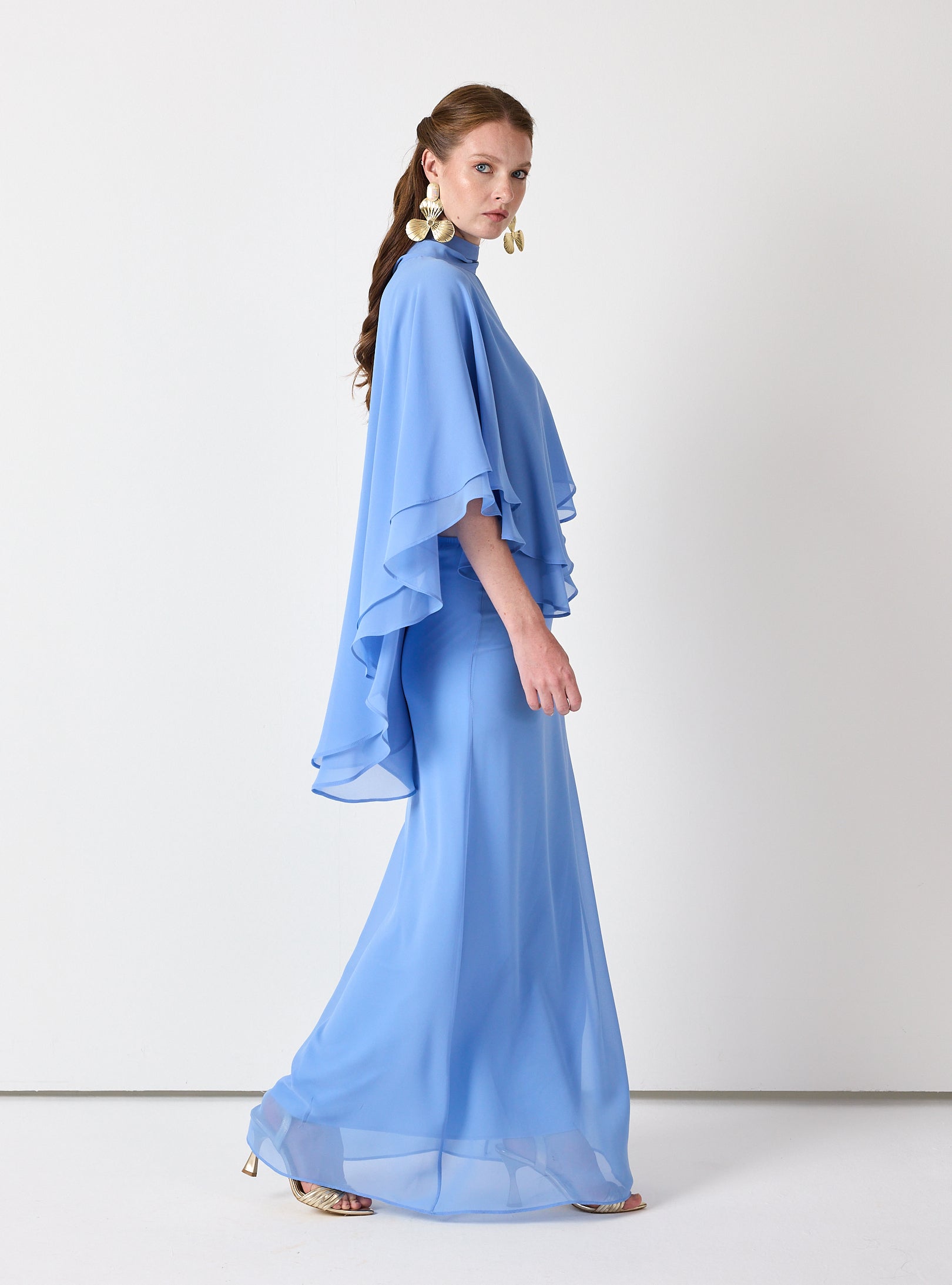Sky Blue Chiffon Skirt Set with Layered Cape Top - Store WF