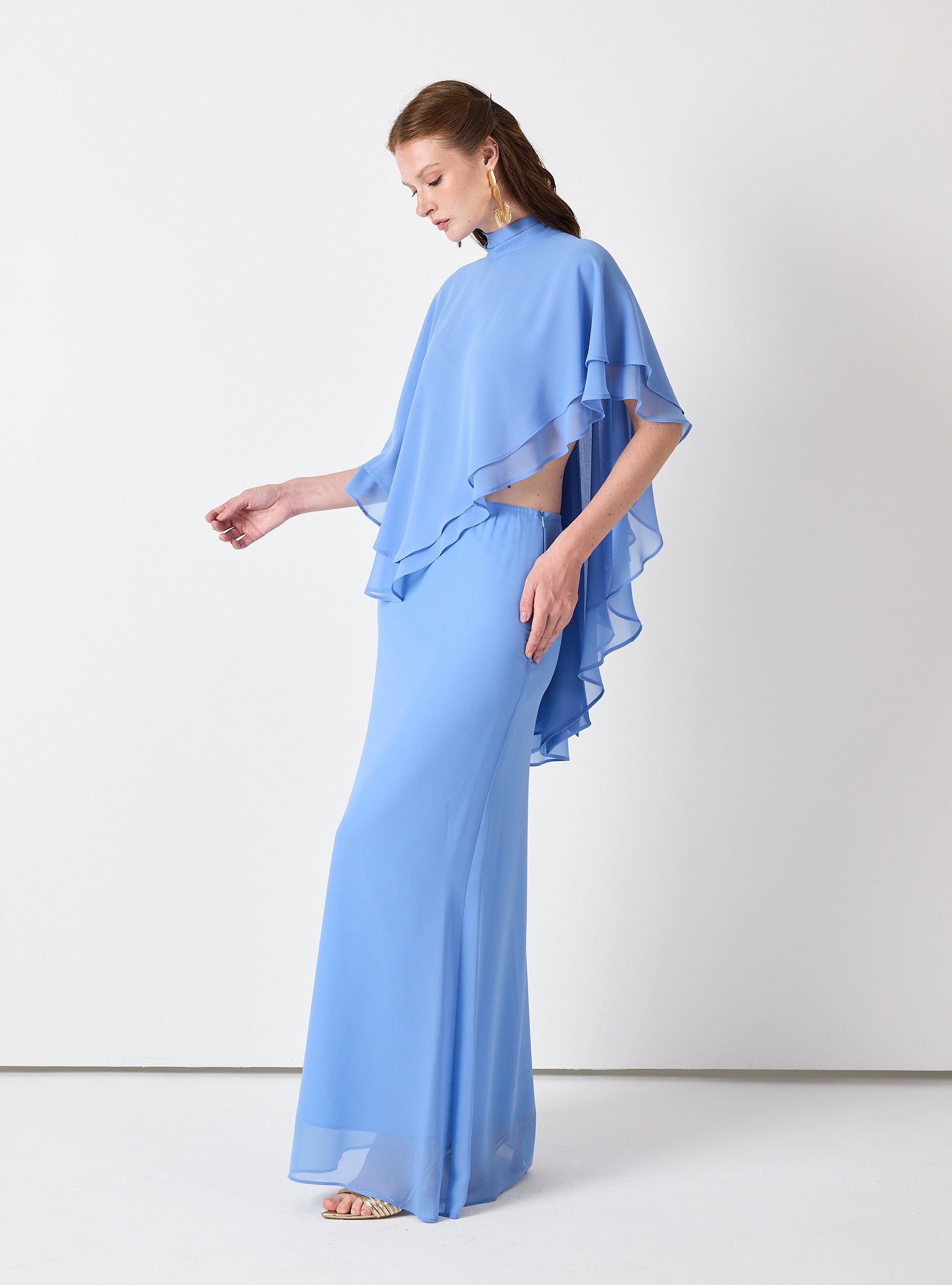 Sky Blue Chiffon Skirt Set with Layered Cape Top - Store WF