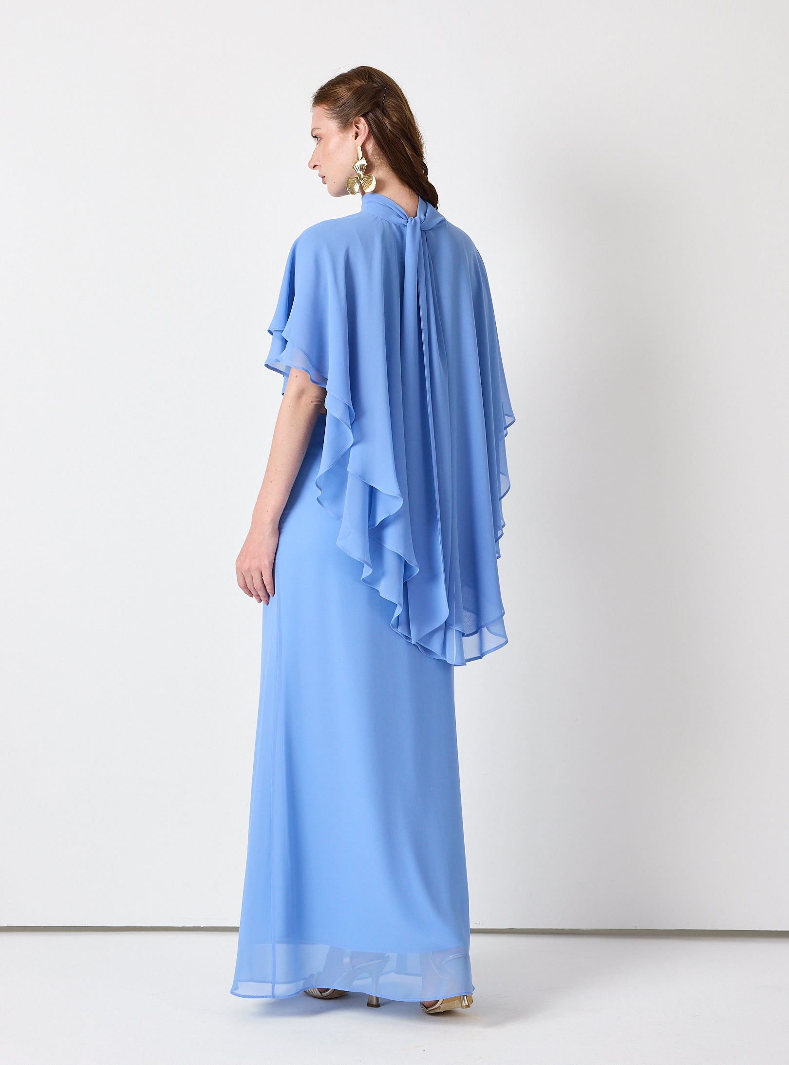Sky Blue Chiffon Skirt Set with Layered Cape Top - Store WF