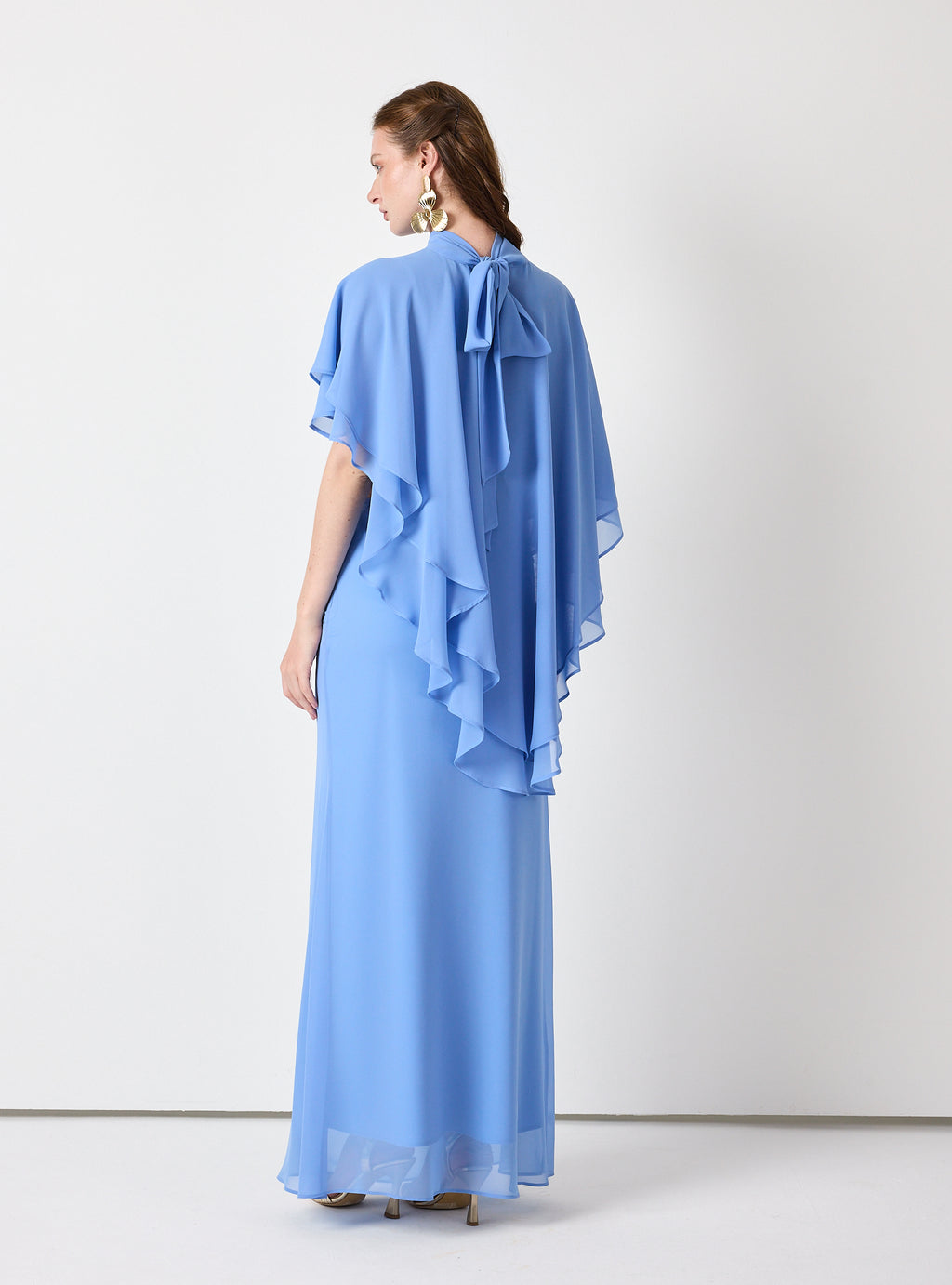 Sky Blue Chiffon Skirt Set with Layered Cape Top - Store WF
