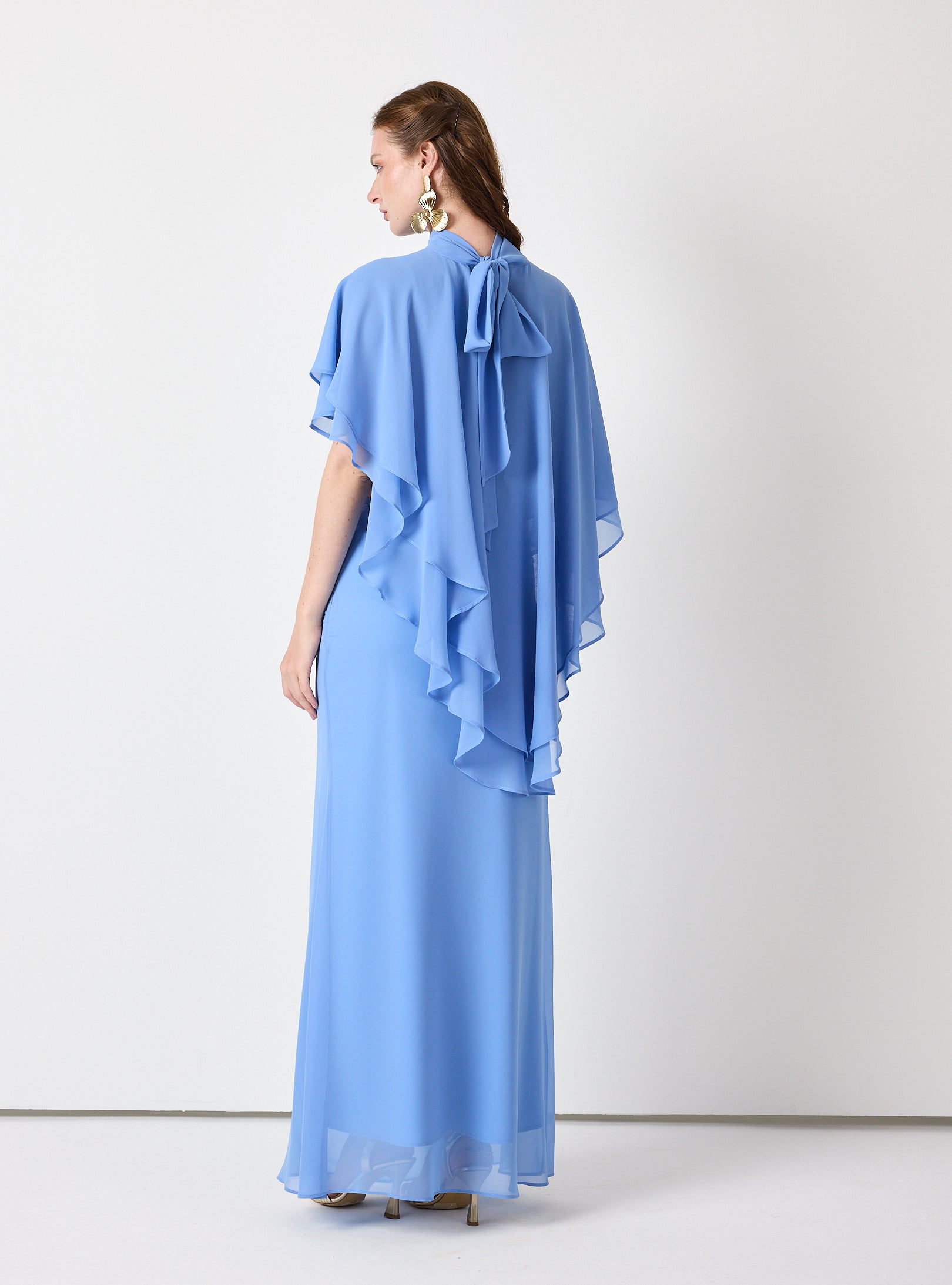 Sky Blue Chiffon Skirt Set with Layered Cape Top - Store WF