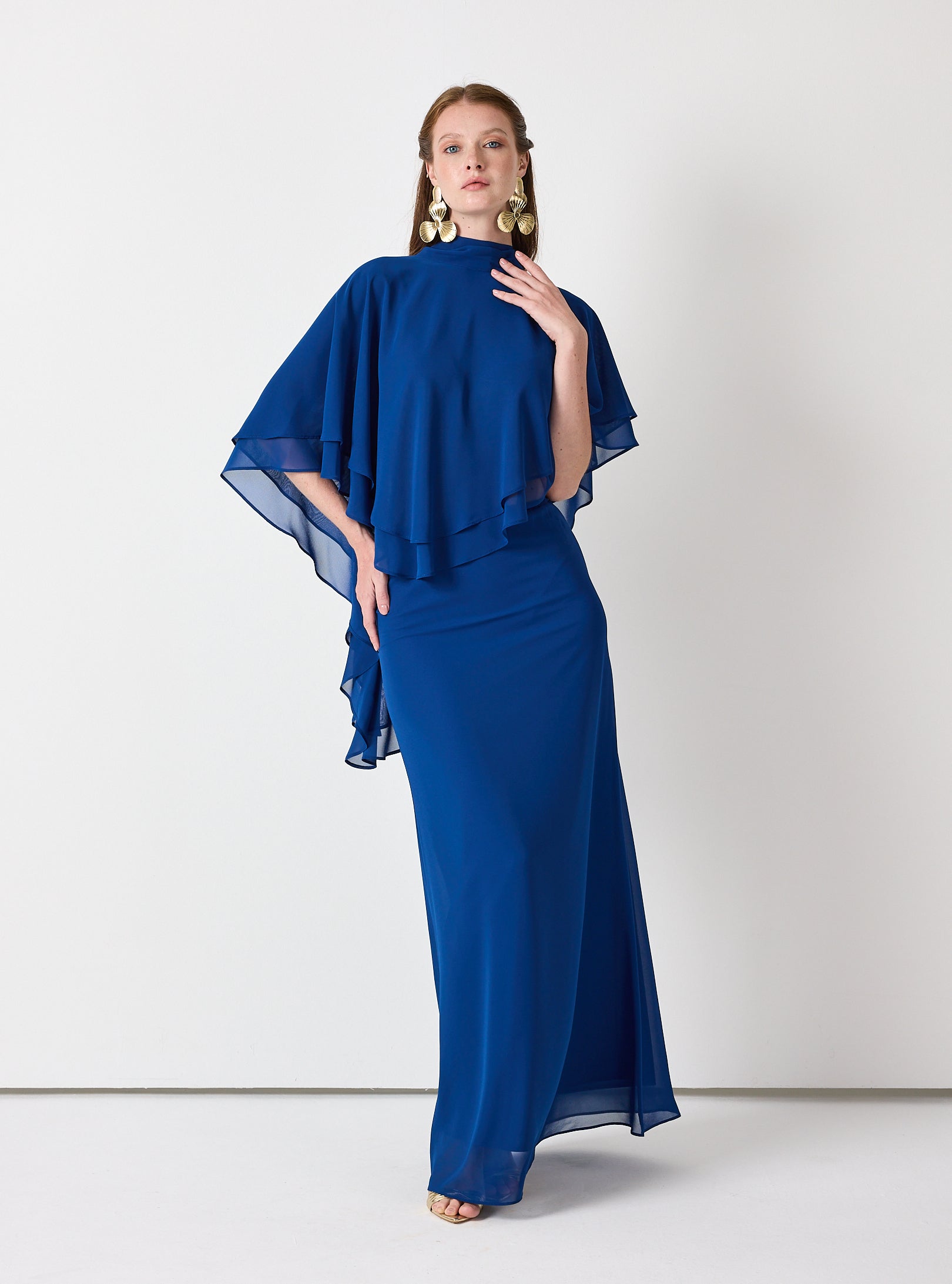 Sky Blue Chiffon Skirt Set with Layered Cape Top - Store WF