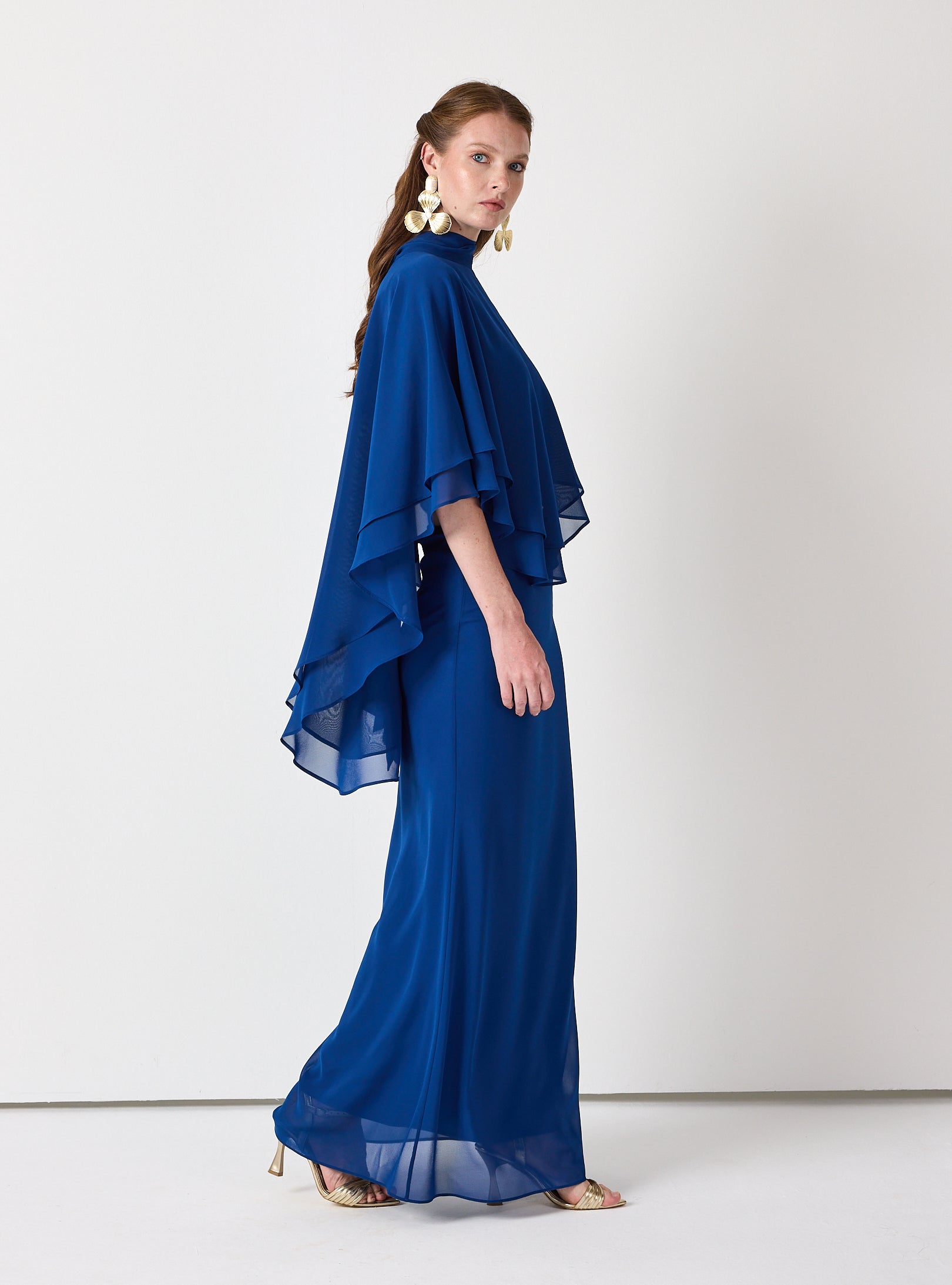 Sky Blue Chiffon Skirt Set with Layered Cape Top - Store WF