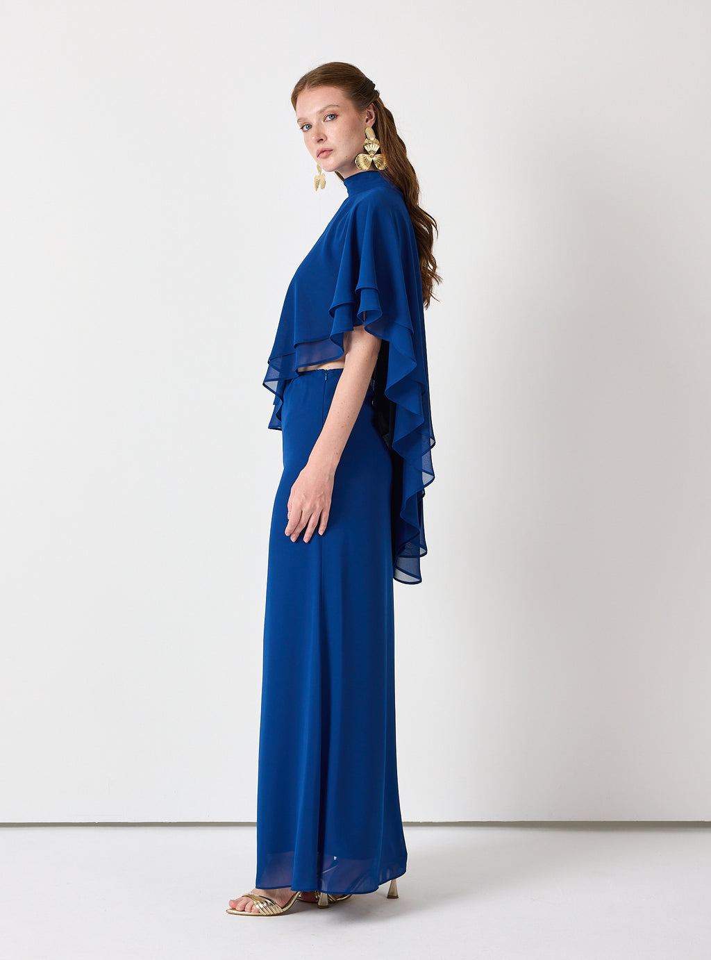 Sky Blue Chiffon Skirt Set with Layered Cape Top - Store WF