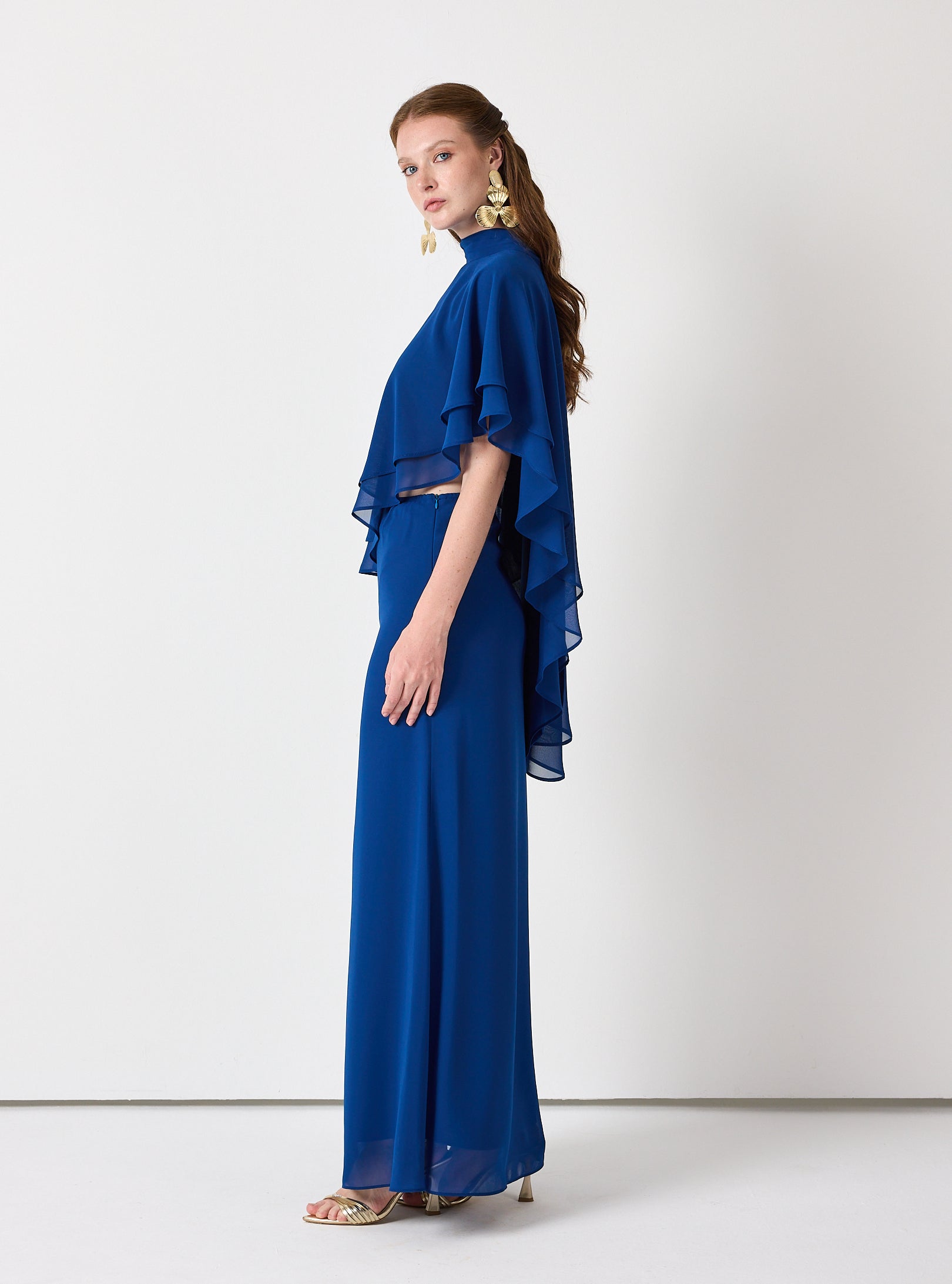Sky Blue Chiffon Skirt Set with Layered Cape Top - Store WF