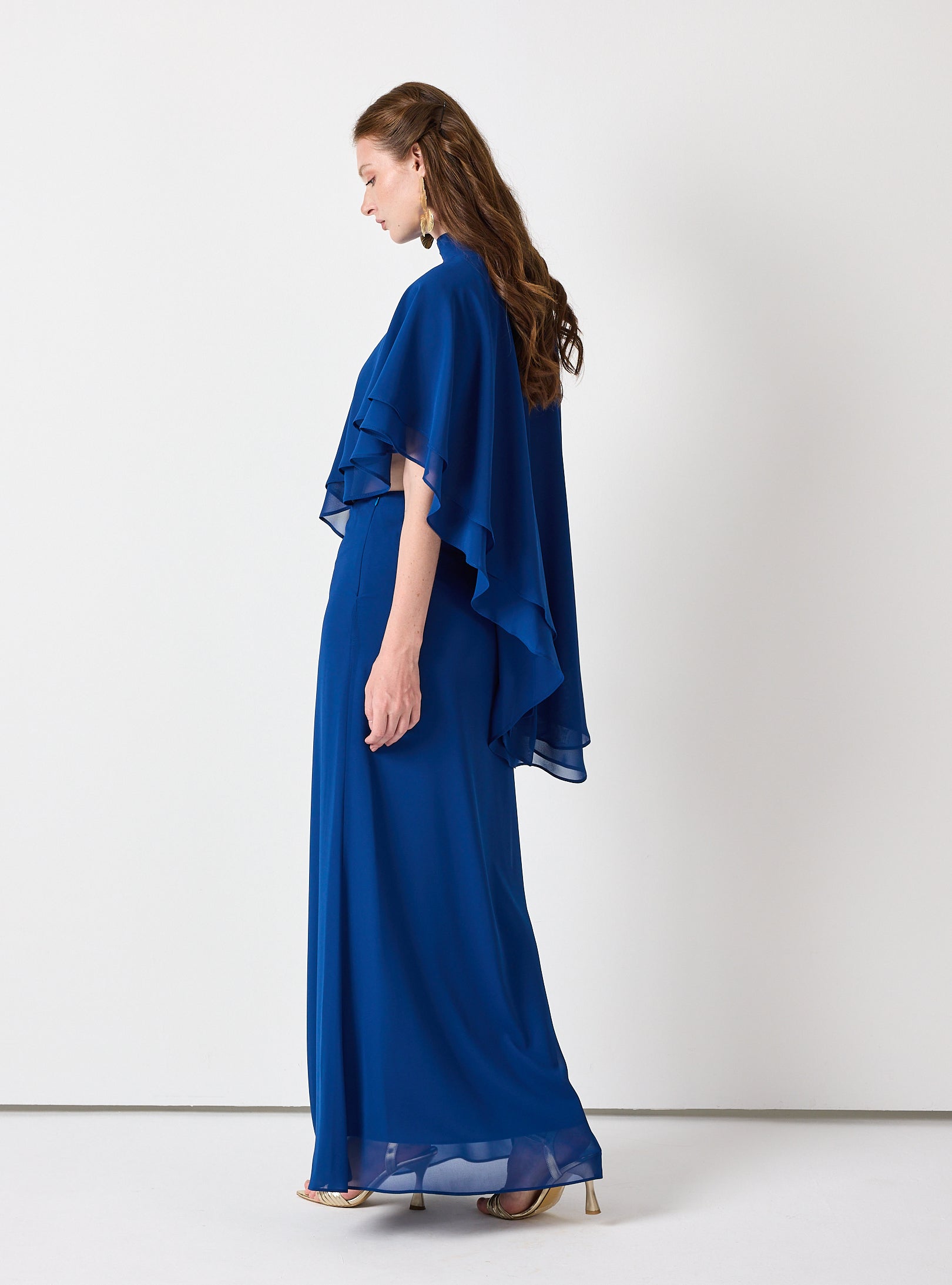 Sky Blue Chiffon Skirt Set with Layered Cape Top - Store WF
