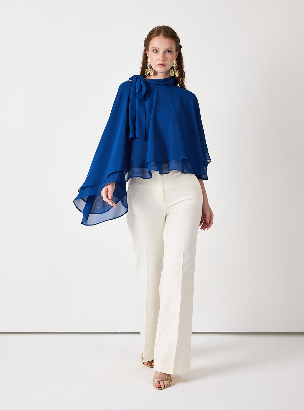 Sky Blue Chiffon Skirt Set with Layered Cape Top - Store WF