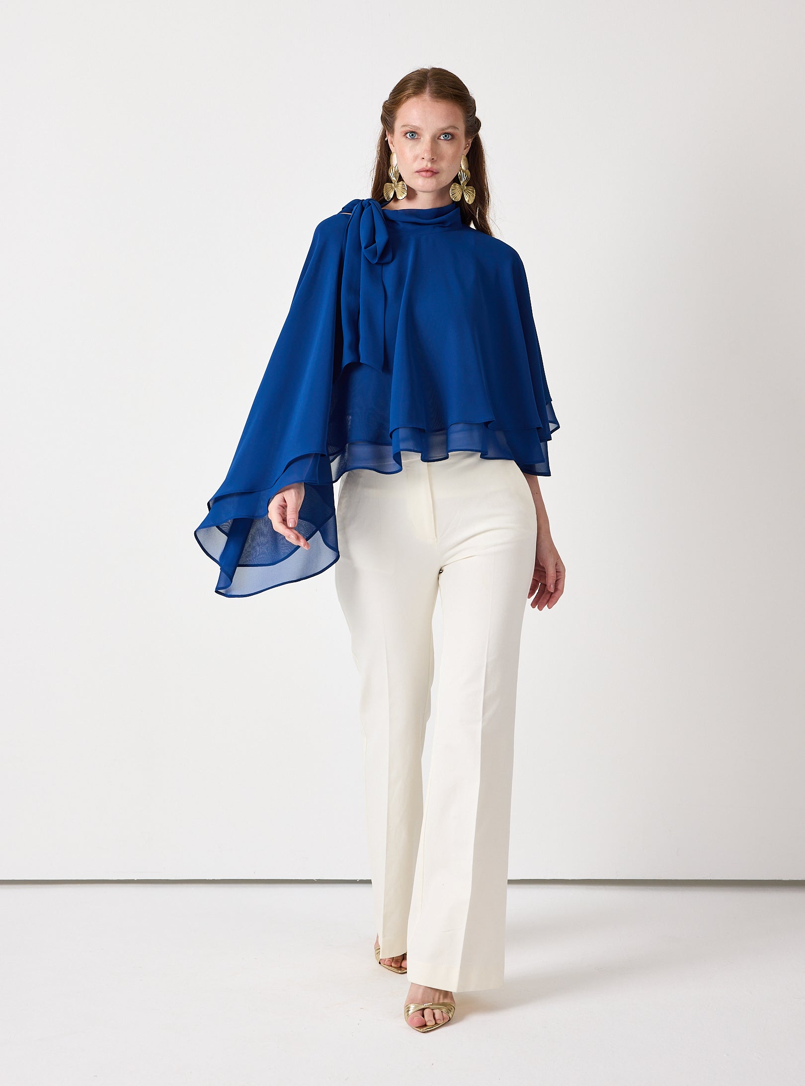 Sky Blue Chiffon Skirt Set with Layered Cape Top - Store WF