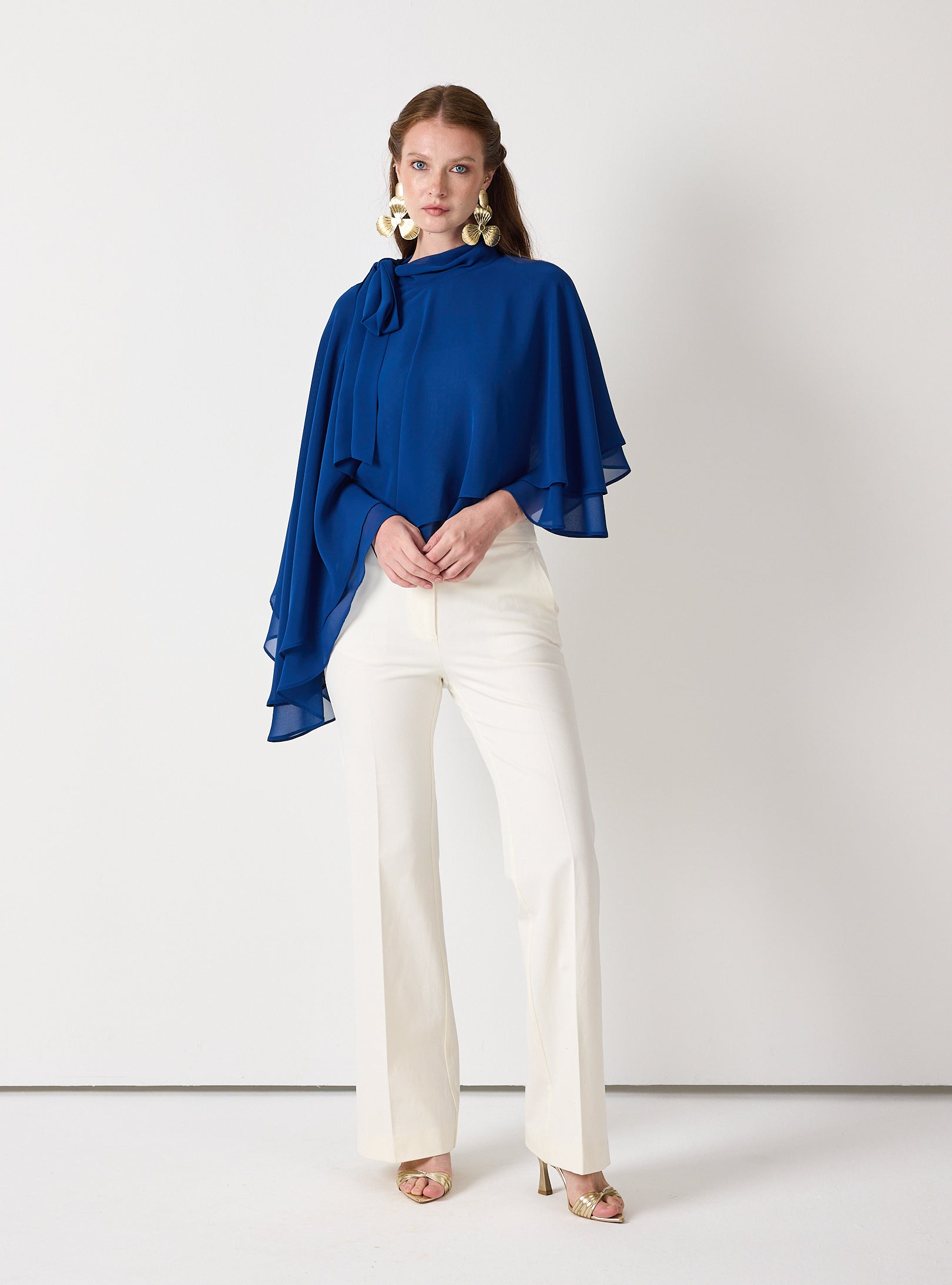 Sky Blue Chiffon Skirt Set with Layered Cape Top - Store WF