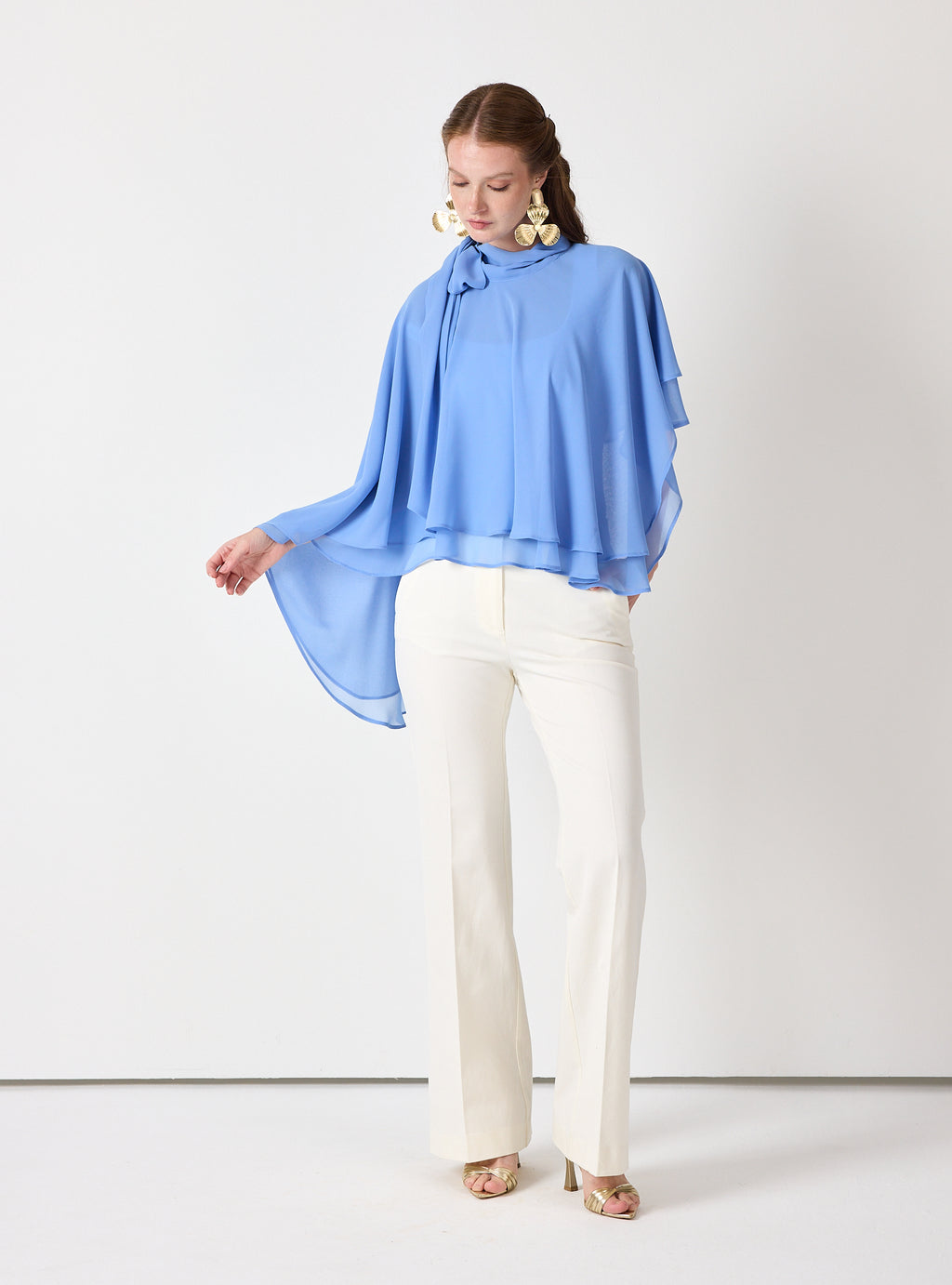 Sky Blue Chiffon Skirt Set with Layered Cape Top - Store WF