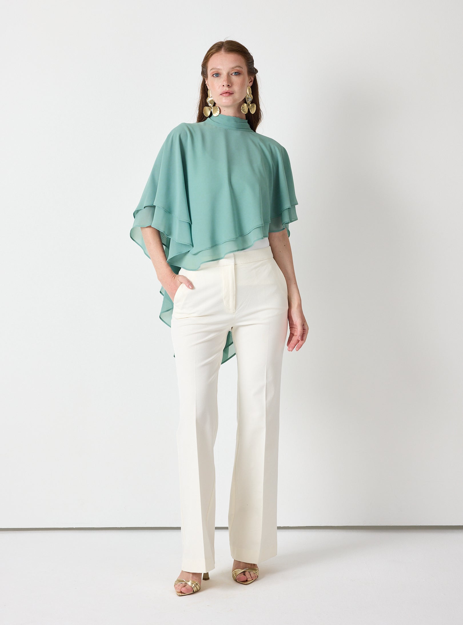 Army Green Chiffon Skirt Set with Layered Cape Top - Store WF