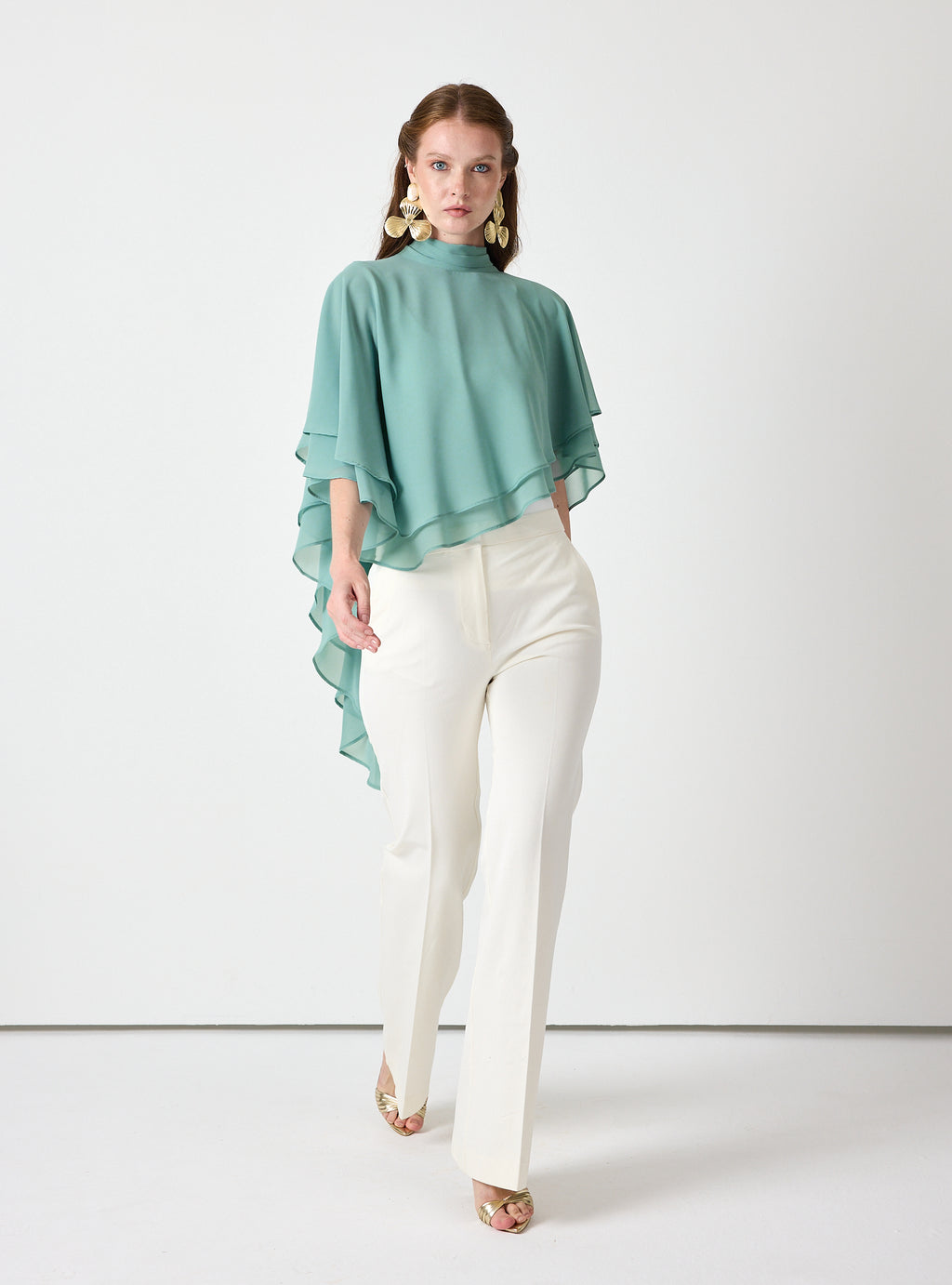 Army Green Chiffon Skirt Set with Layered Cape Top - Store WF