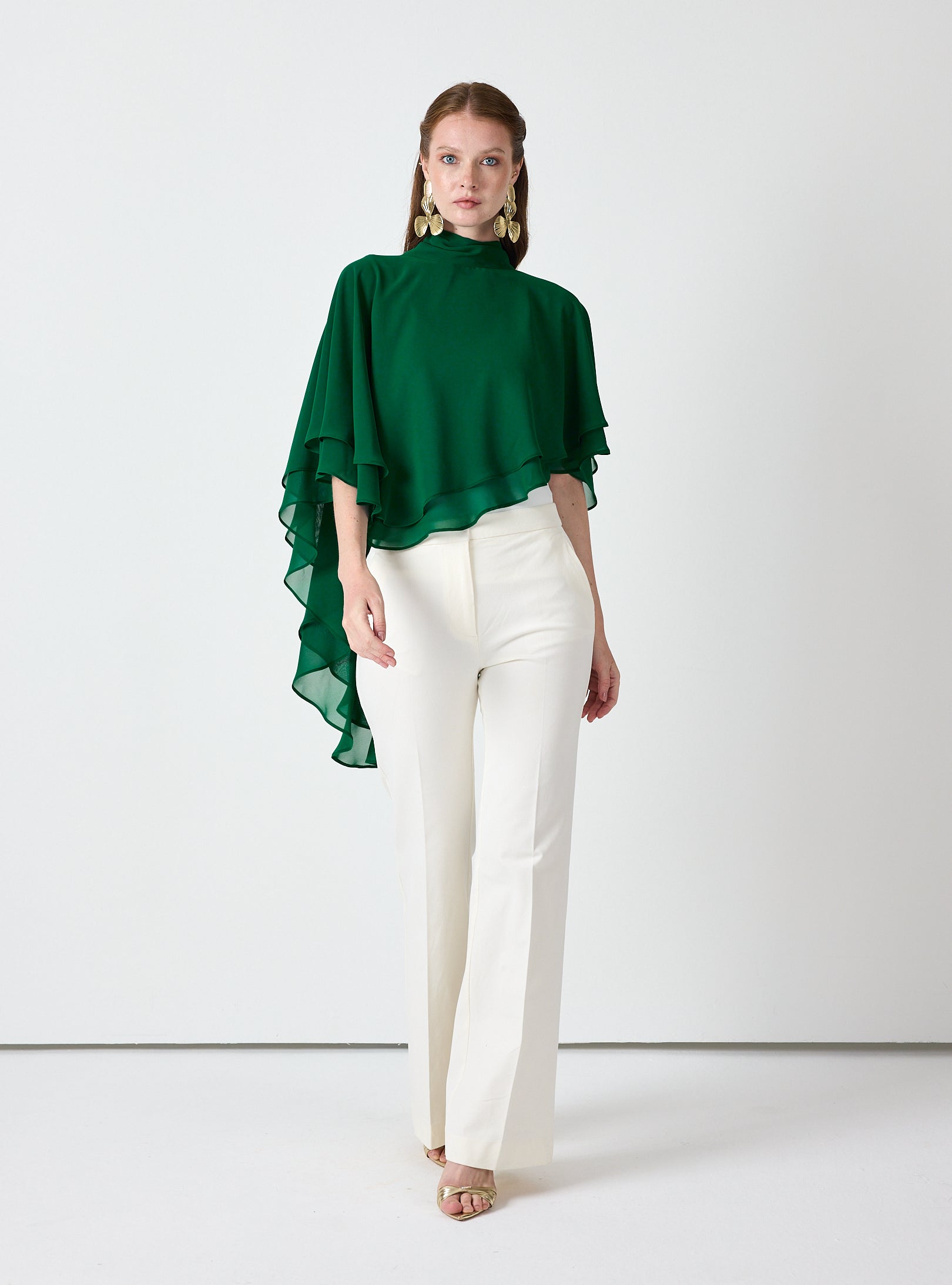 Emerald Chiffon Skirt Set with Layered Cape Top - Store WF