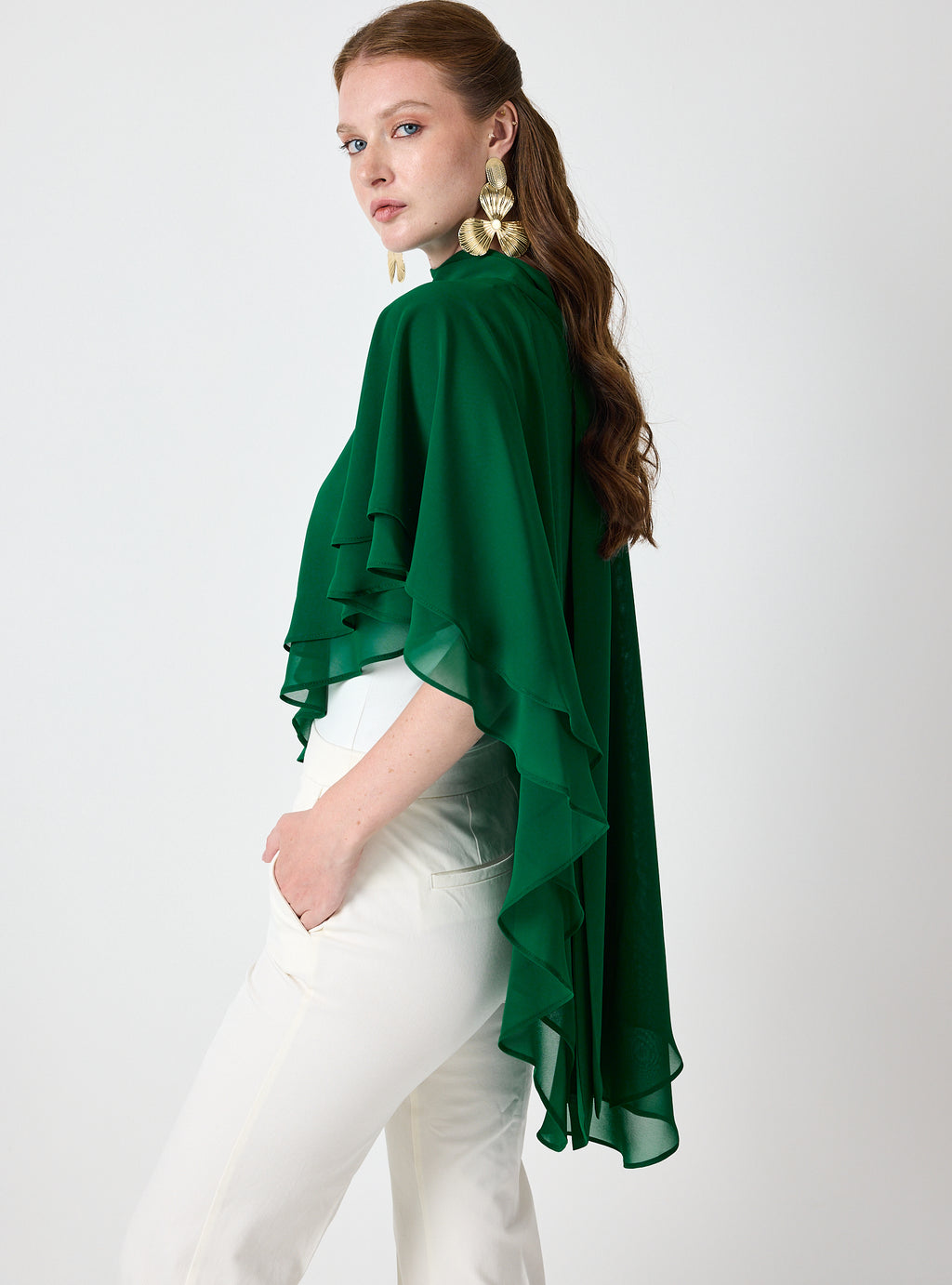 Emerald Chiffon Skirt Set with Layered Cape Top - Store WF