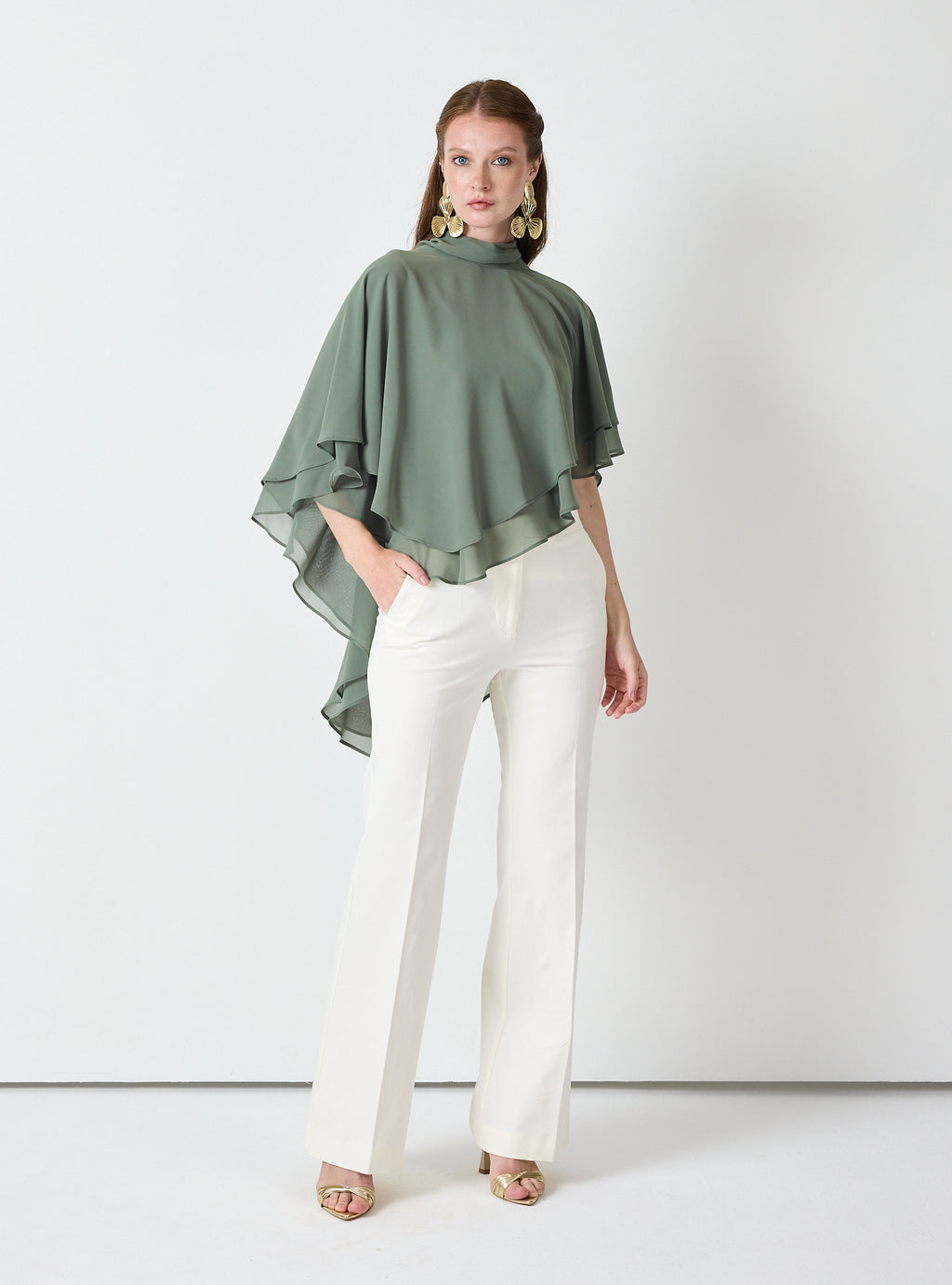 Army Green Chiffon Skirt Set with Layered Cape Top - Store WF