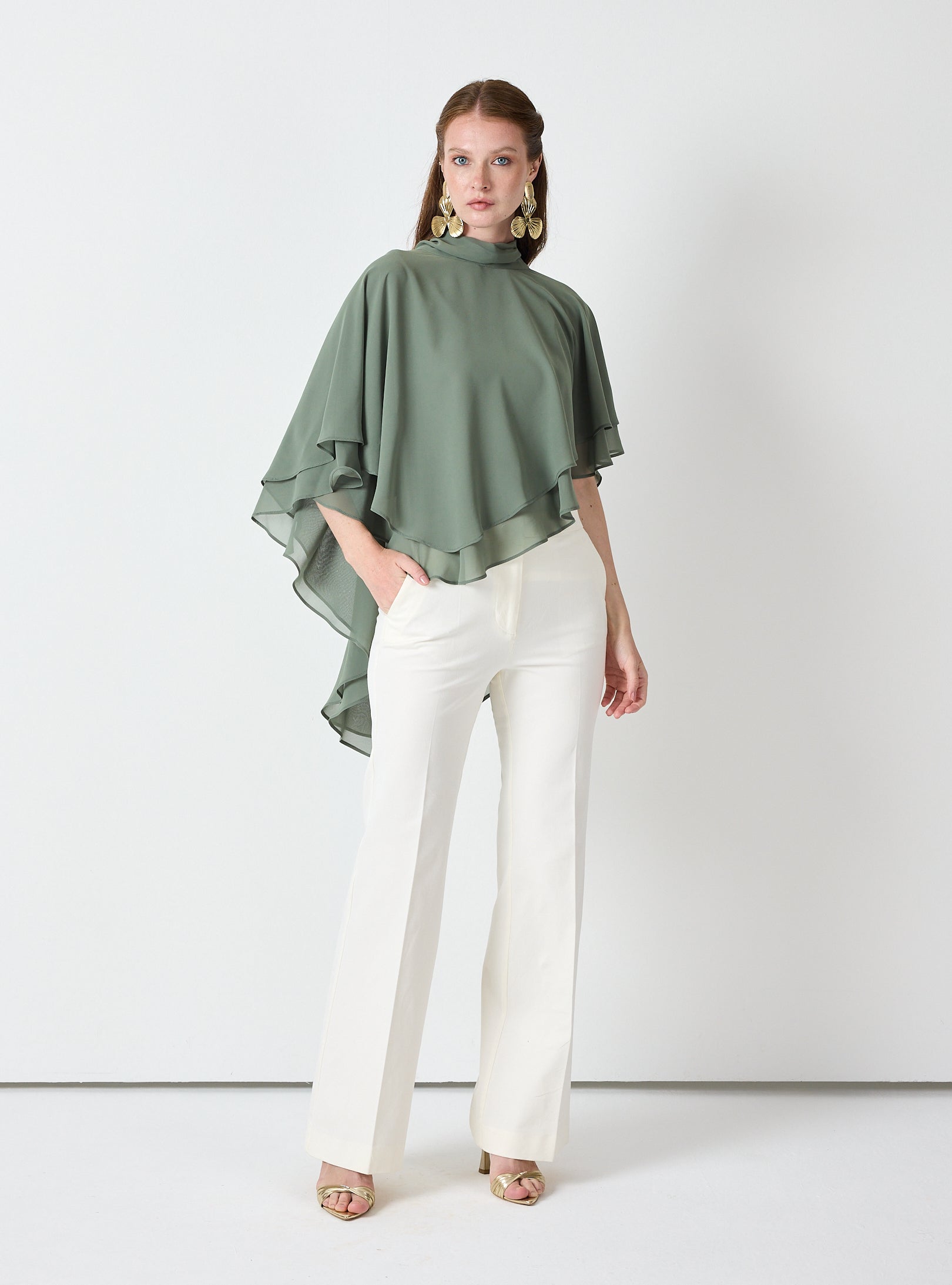 Army Green Chiffon Skirt Set with Layered Cape Top - Store WF