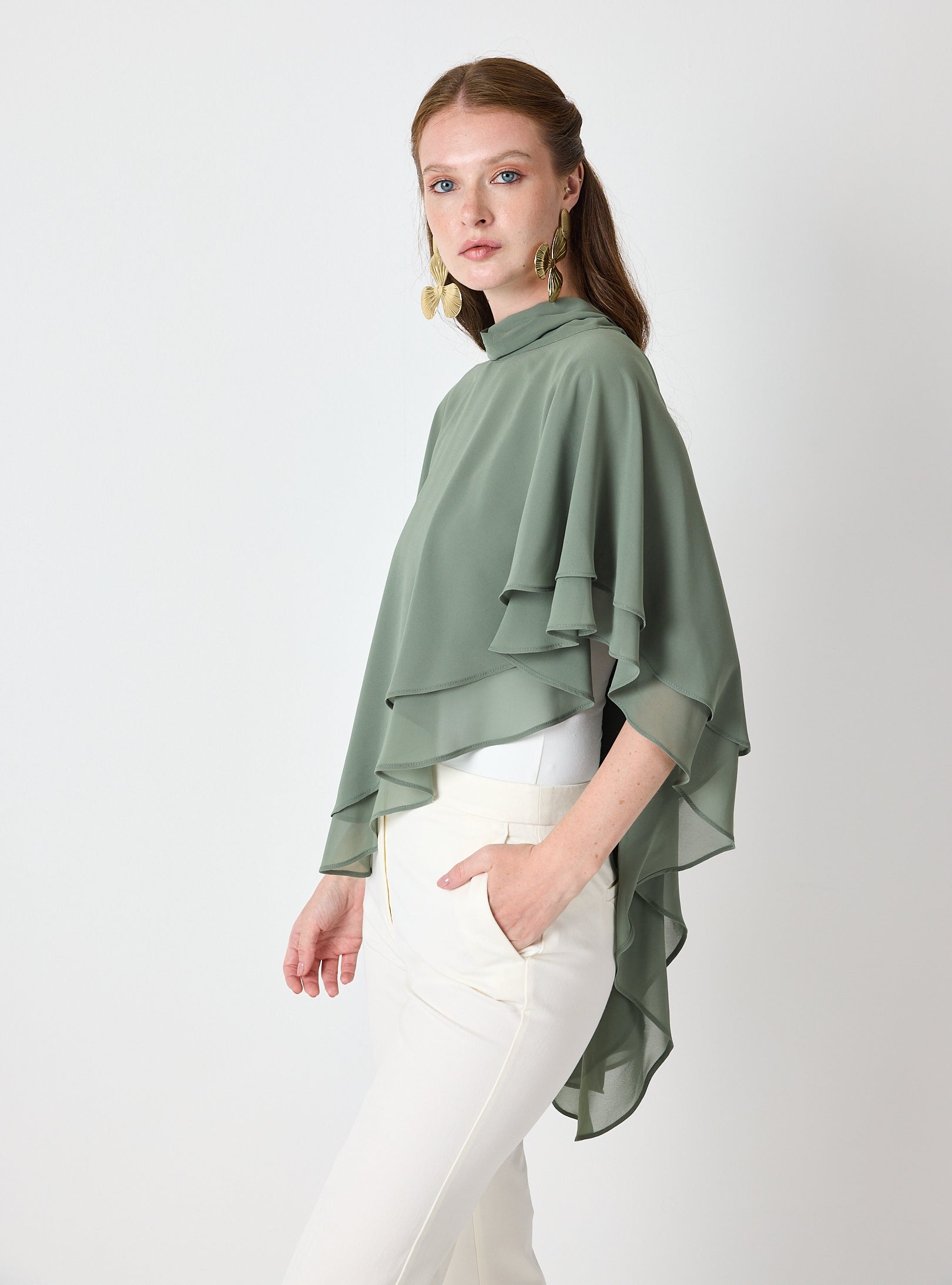 Army Green Chiffon Skirt Set with Layered Cape Top - Store WF
