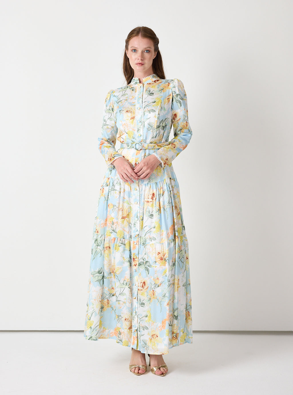 Pastel Floral Button-Down Dress with Belt - Store WF