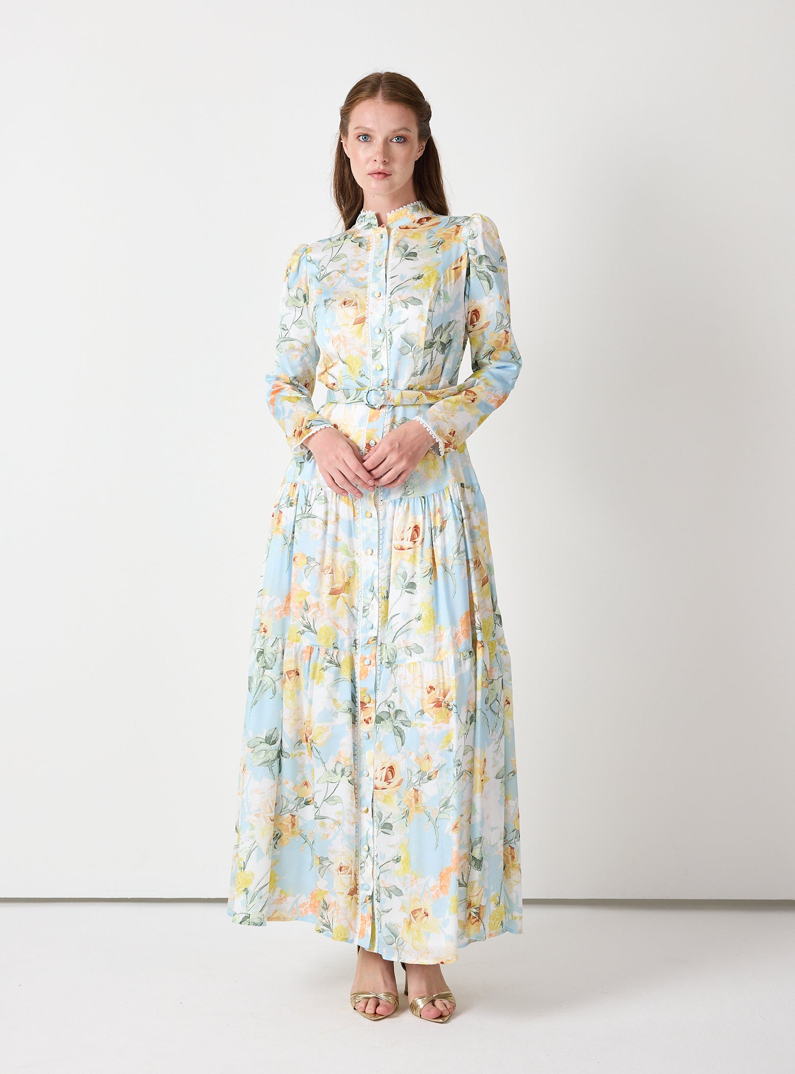 Pastel Floral Button-Down Dress with Belt - Store WF