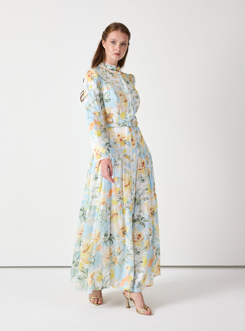 Pastel Floral Button-Down Dress with Belt - Store WF