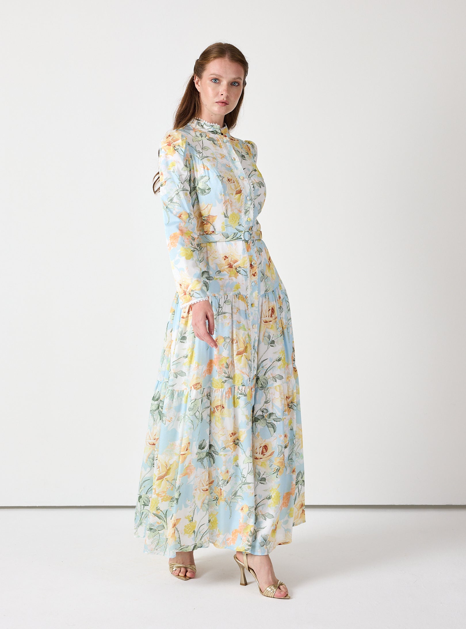 Pastel Floral Button-Down Dress with Belt - Store WF