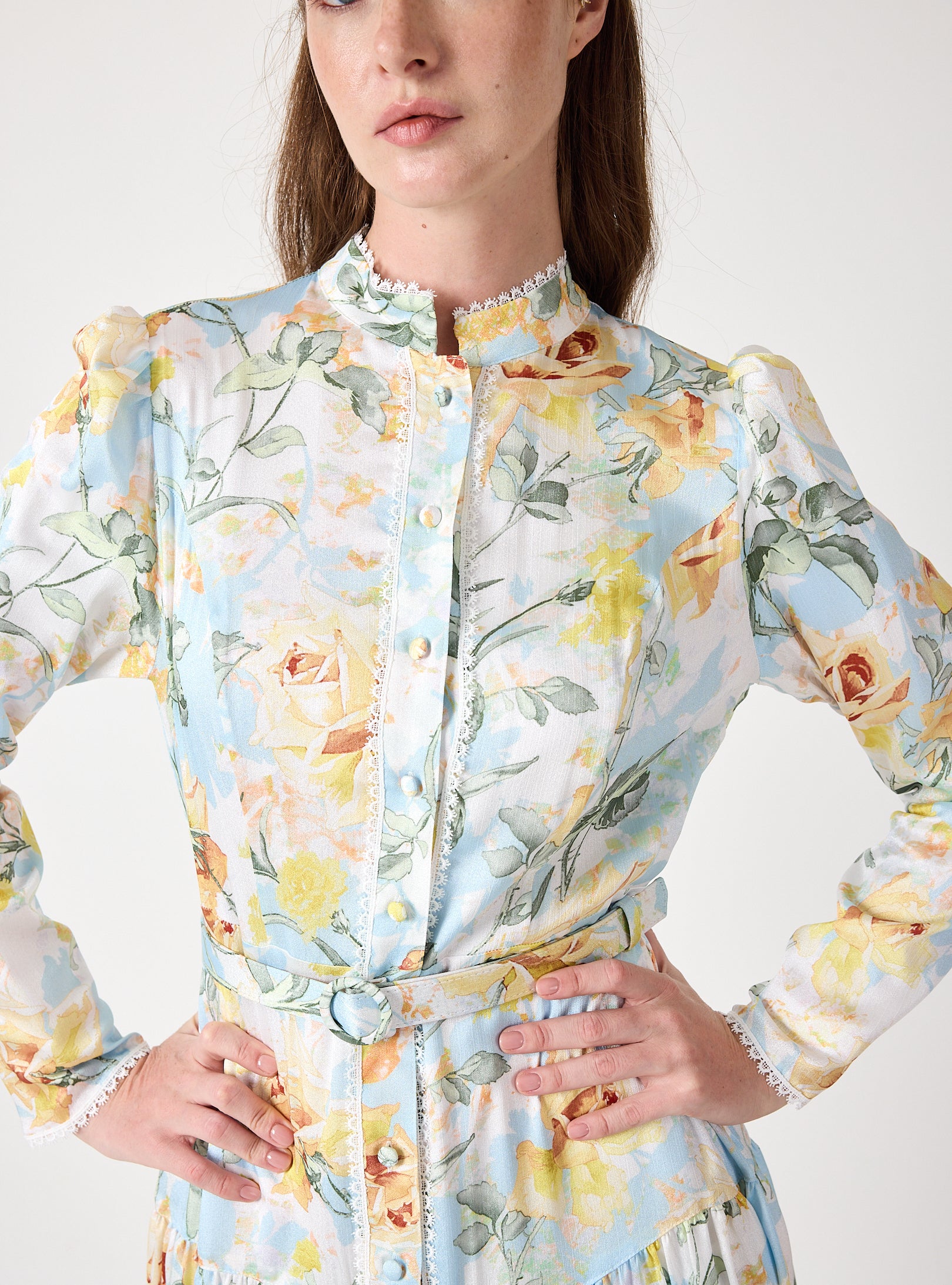 Pastel Floral Button-Down Dress with Belt - Store WF