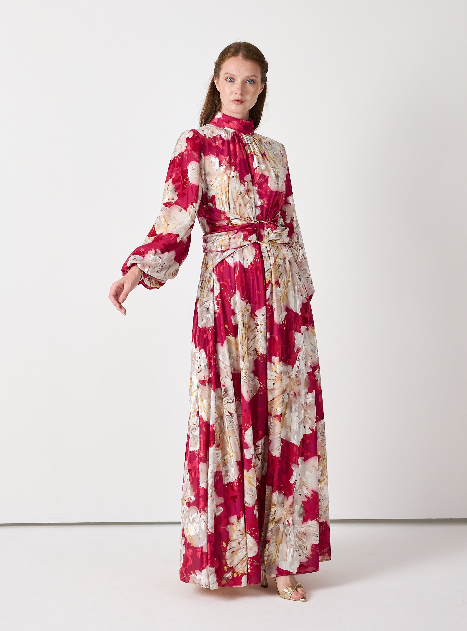 Floral Belted Devoré (burnout) Velvet Effect Maxi Dress - Store WF