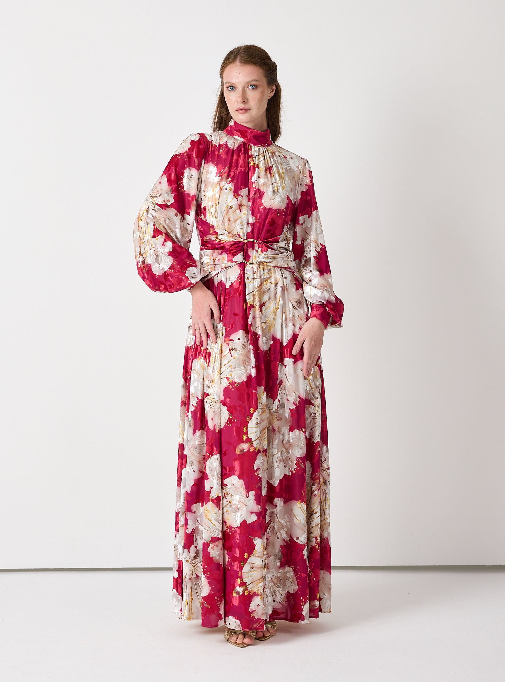 Floral Belted Devoré (burnout) Velvet Effect Maxi Dress - Store WF