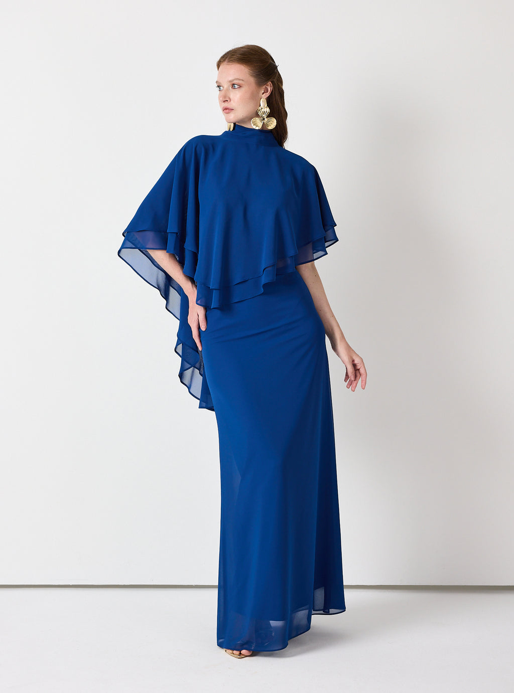 Sky Blue Chiffon Skirt Set with Layered Cape Top - Store WF