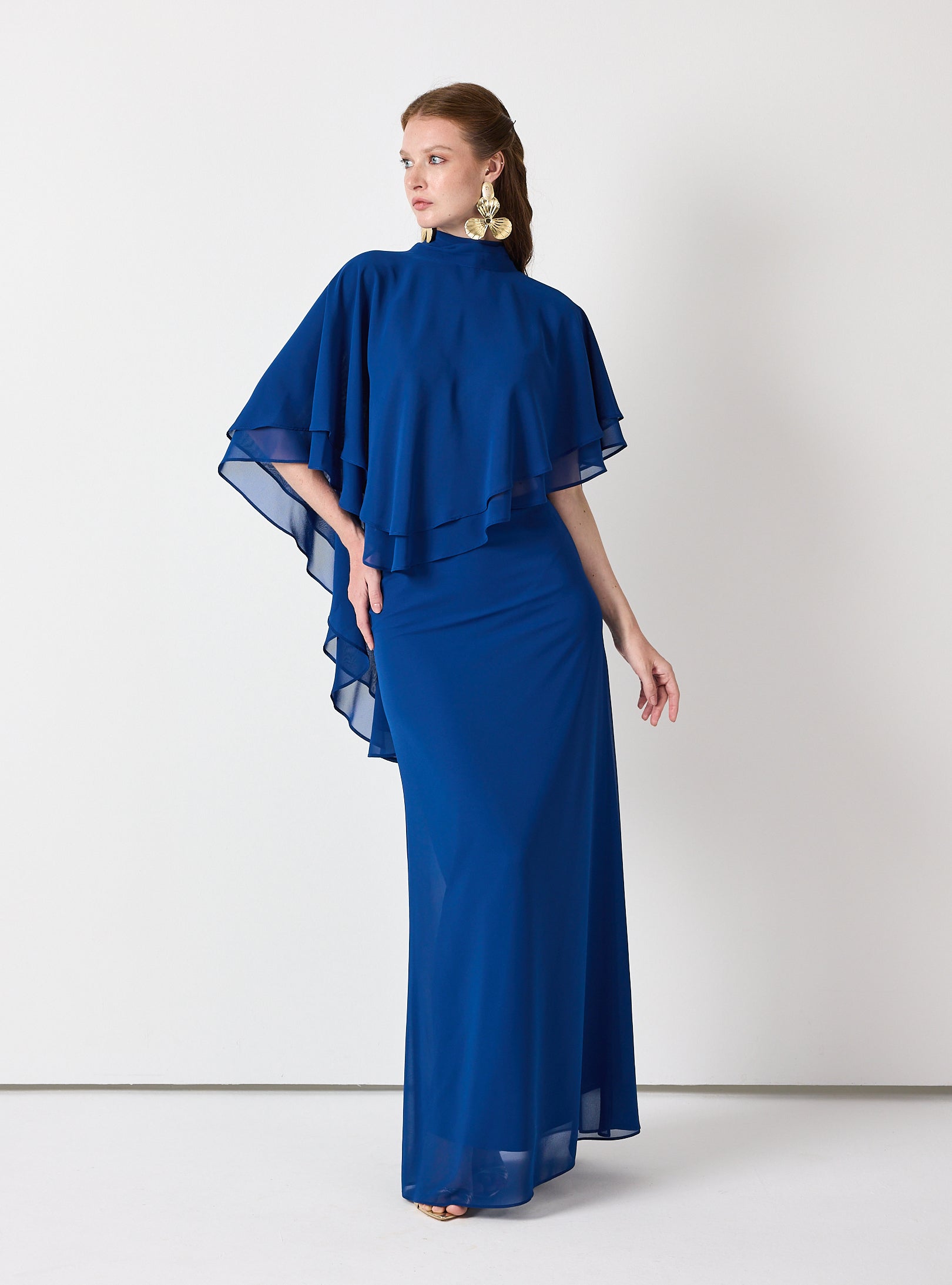 Sky Blue Chiffon Skirt Set with Layered Cape Top - Store WF