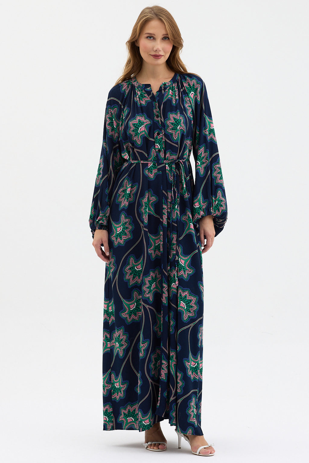 Navy Blue Floral Maxi Dress with Belted Waist & Balloon Sleeves - Store WF
