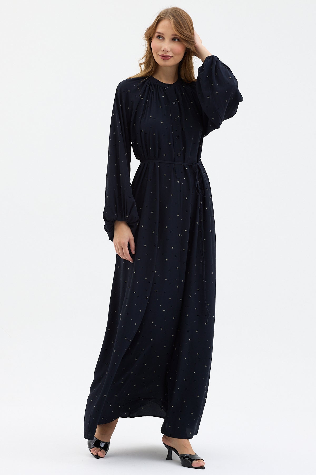 Navy Geometric Print Belted Maxi Dress - Store WF