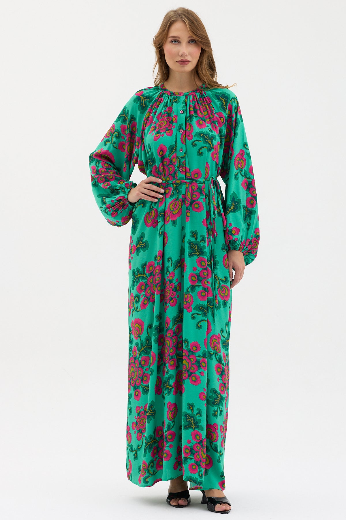 Green Floral Print Maxi Dress with Belted Waist & Balloon Sleeves - Store WF