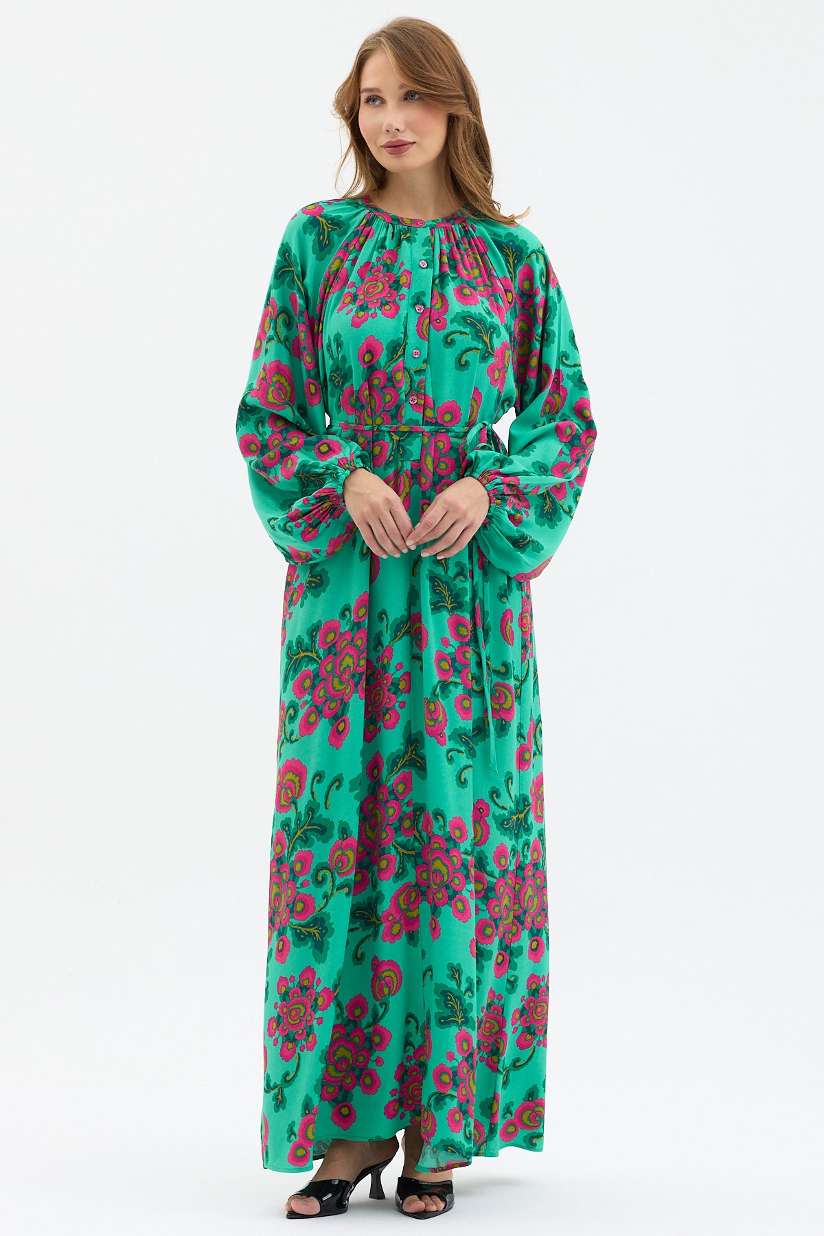 Green Floral Print Maxi Dress with Belted Waist & Balloon Sleeves - Store WF