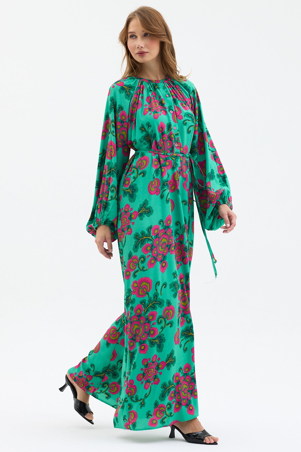 Green Floral Print Maxi Dress with Belted Waist & Balloon Sleeves - Store WF