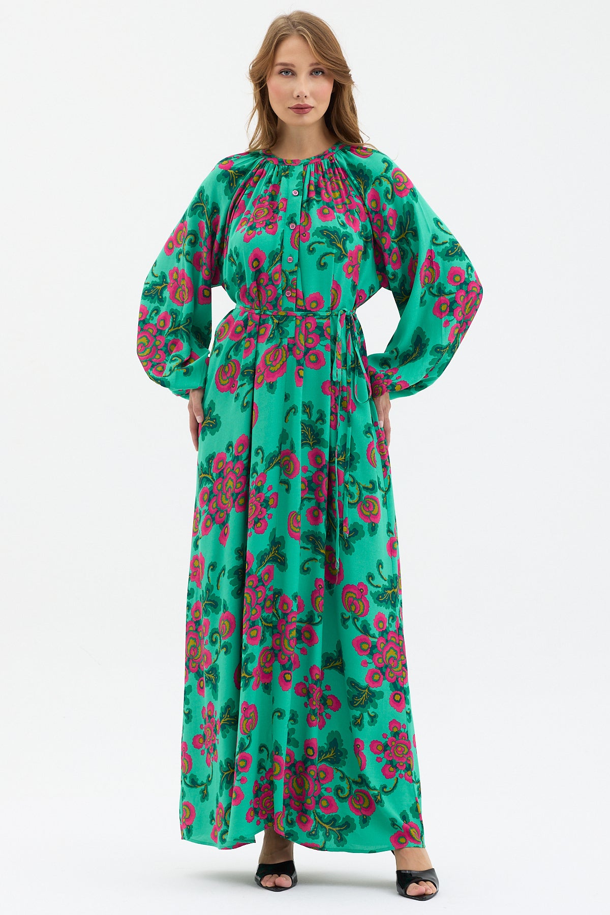 Green Floral Print Maxi Dress with Belted Waist & Balloon Sleeves - Store WF