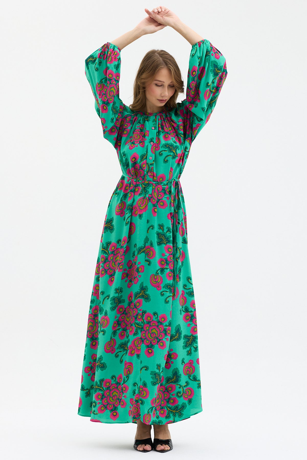 Green Floral Print Maxi Dress with Belted Waist & Balloon Sleeves - Store WF