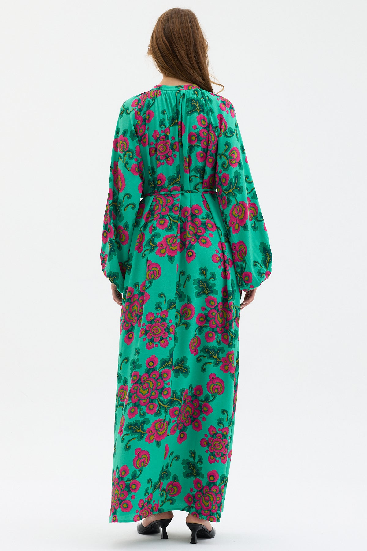 Green Floral Print Maxi Dress with Belted Waist & Balloon Sleeves - Store WF