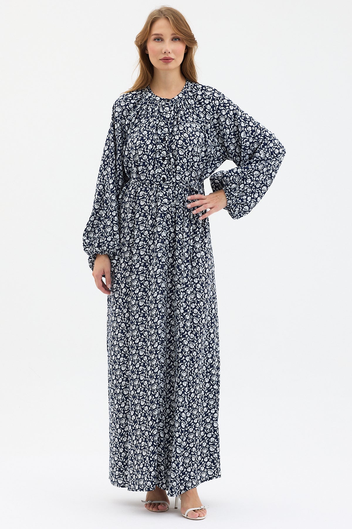Navy Print Belted Maxi Dress - Store WF