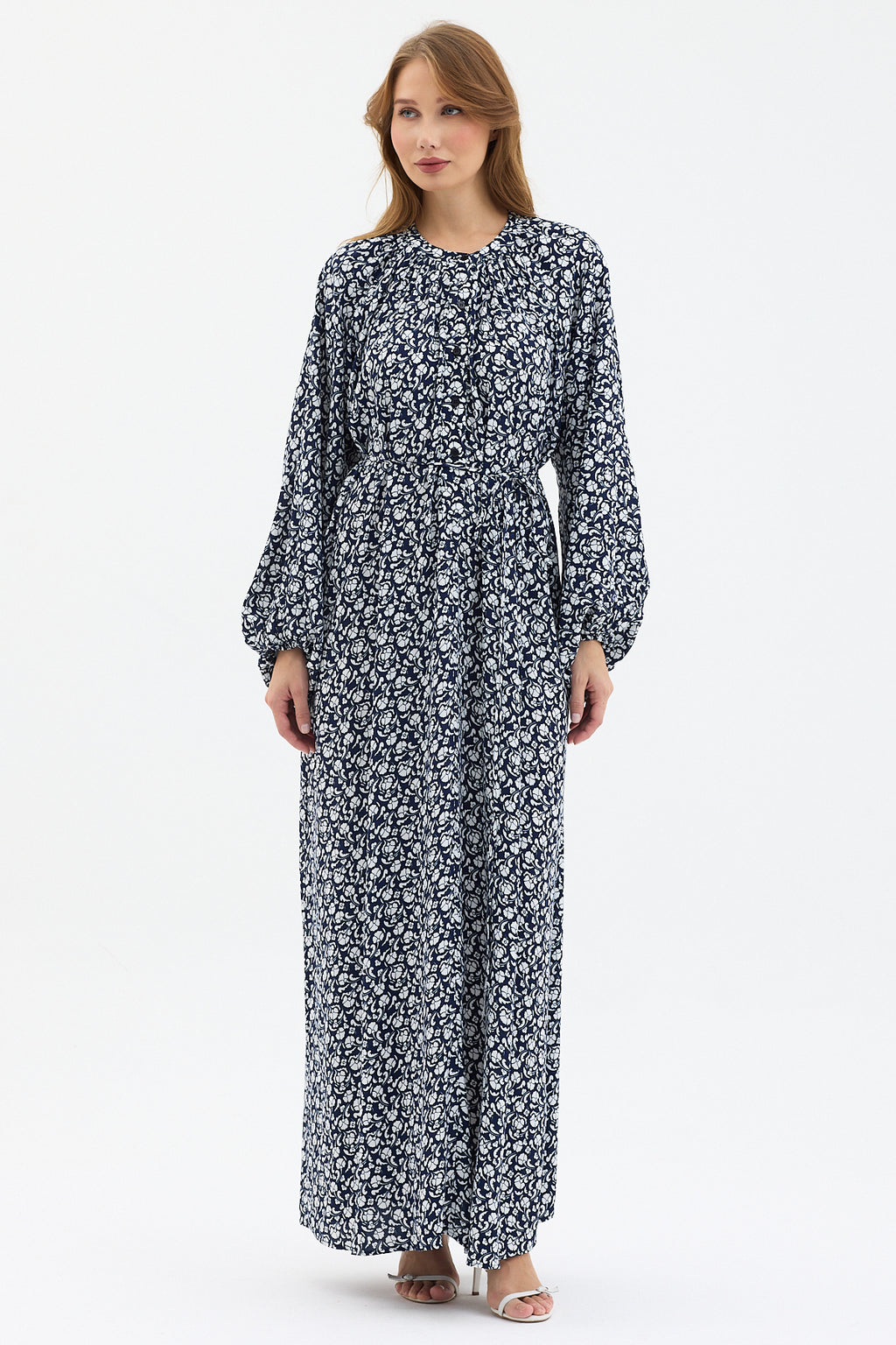 Navy Print Belted Maxi Dress - Store WF